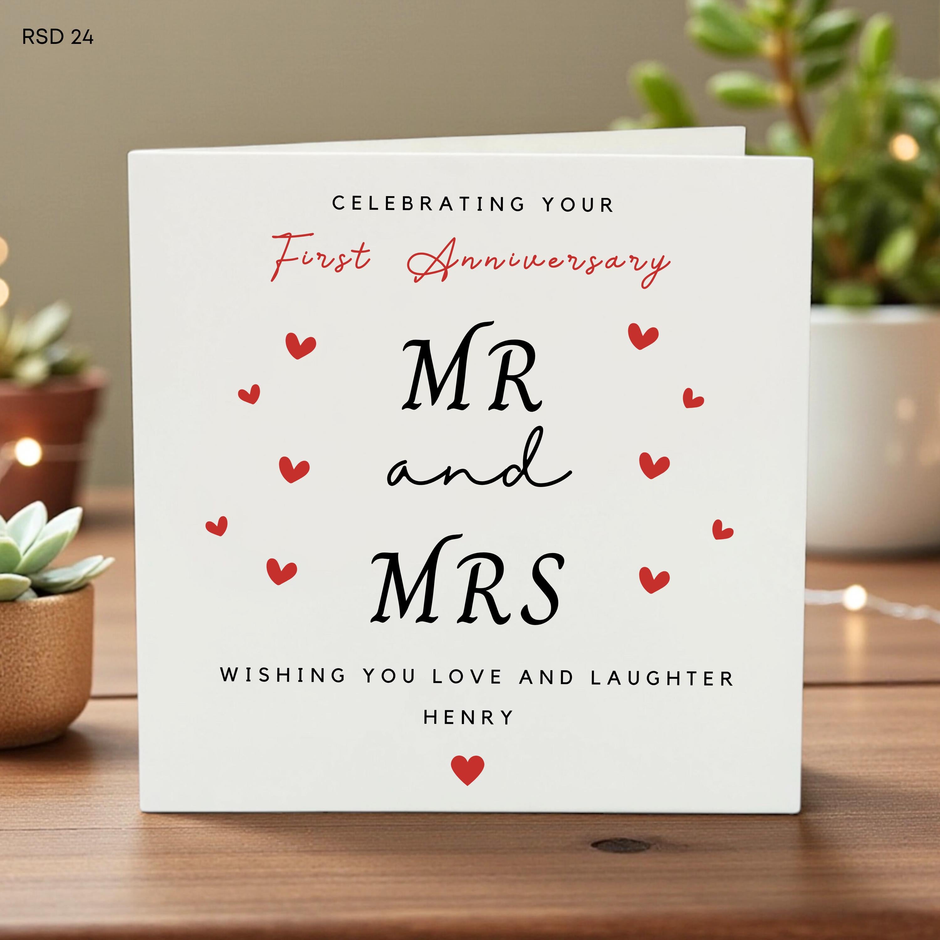 Personalized First Anniversary Card for Couples, Custom Name Wedding Love Card, Romantic Keepsake Greeting, Mr and Mrs Gift