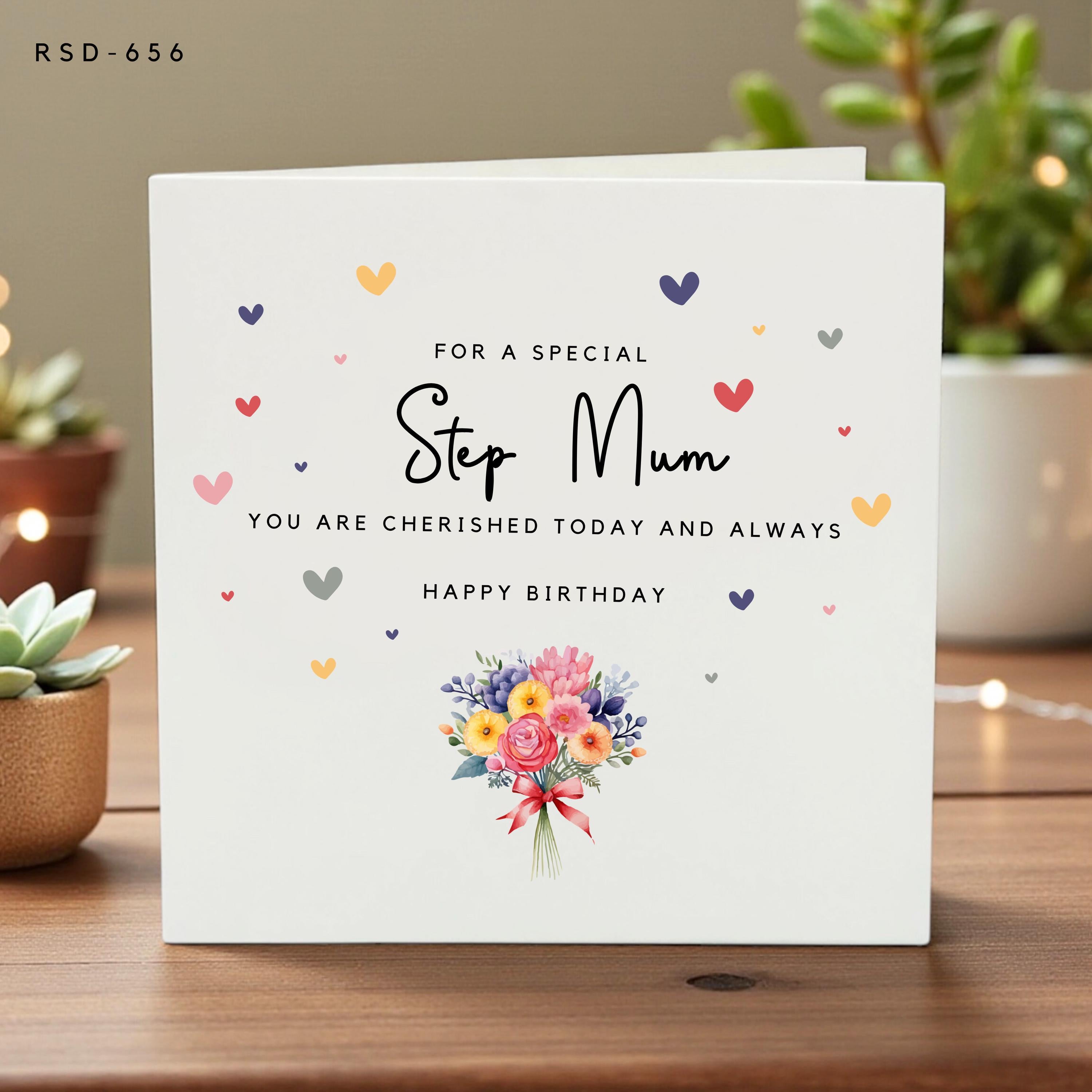 Personalised Step Mum Birthday Card – Elegant Minimalist Birthday Card for Step Mum, Heart Design, Special Stepmum Gift, Custom 6x6 Greeting