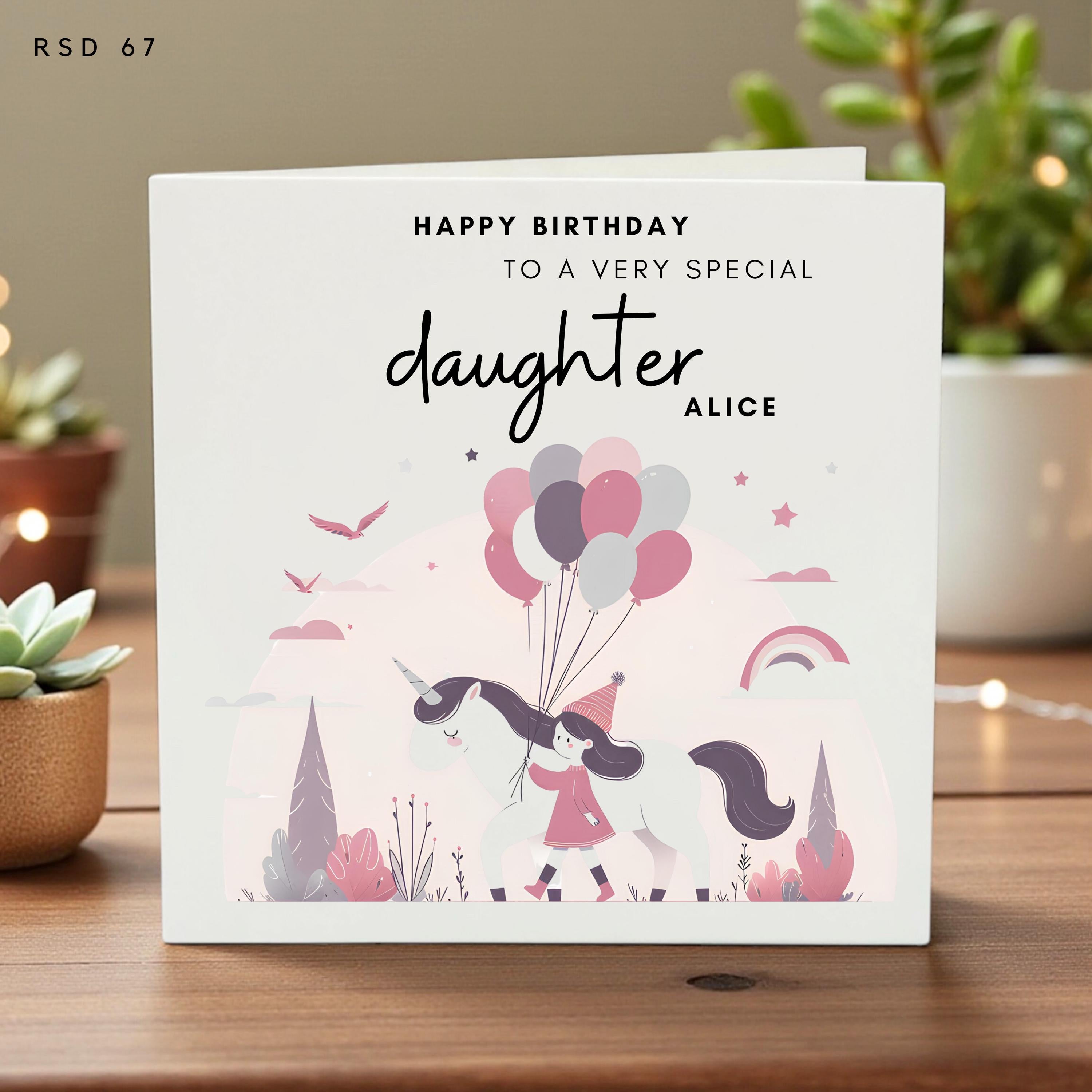 Personalized Birthday Card for Daughter, Custom Name Girls Greeting, Unicorn & Balloons Keepsake Card, Magical Birthday Gift