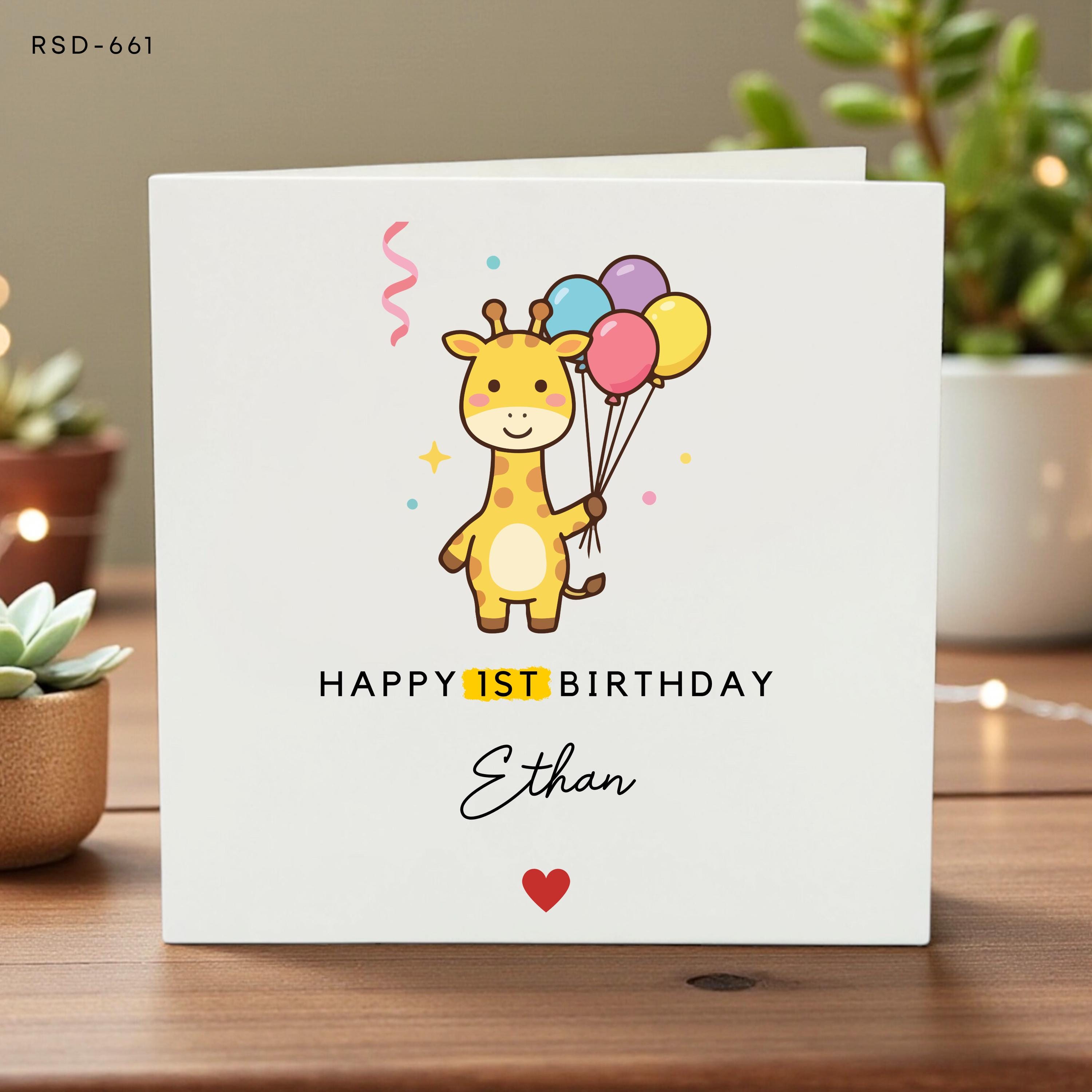 Personalized 1st Birthday Card for Boys, Custom Name Giraffe Greeting, Cute Keepsake Card, Little Boy Birthday Celebration Gift