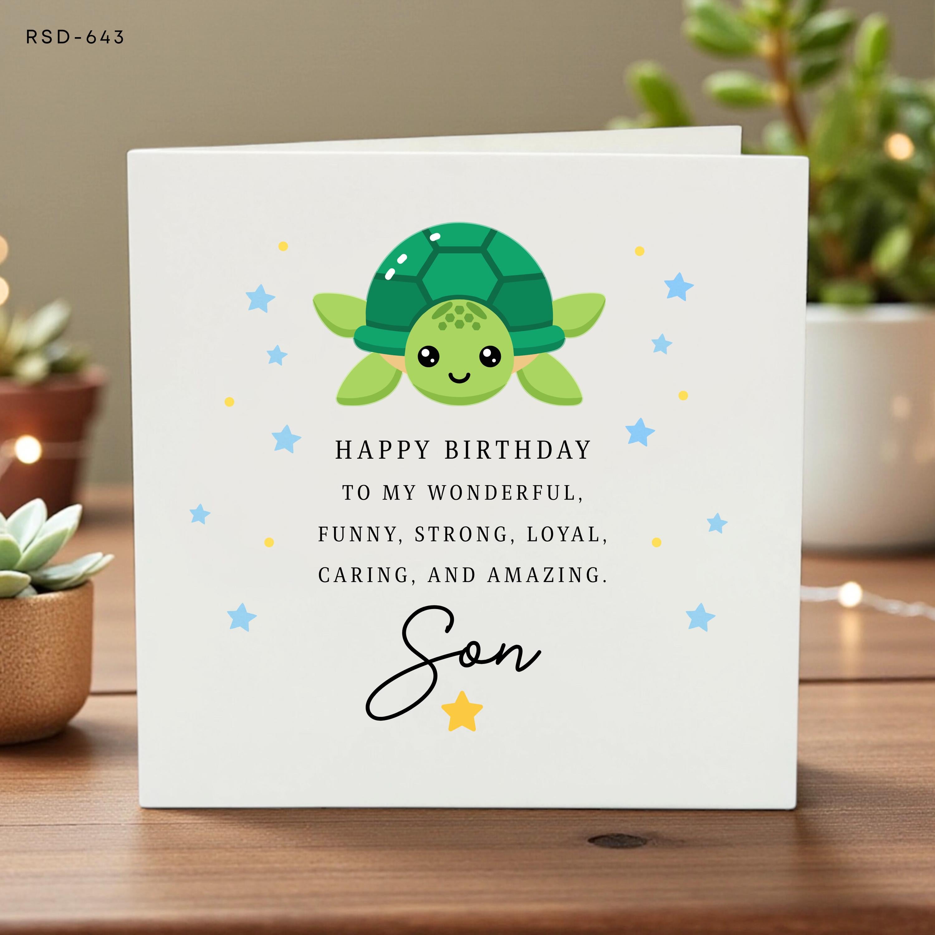 Personalized Birthday Card for Son, Custom Name Turtle Greeting, Cute Keepsake Card, Fun Kids Birthday Celebration Gift