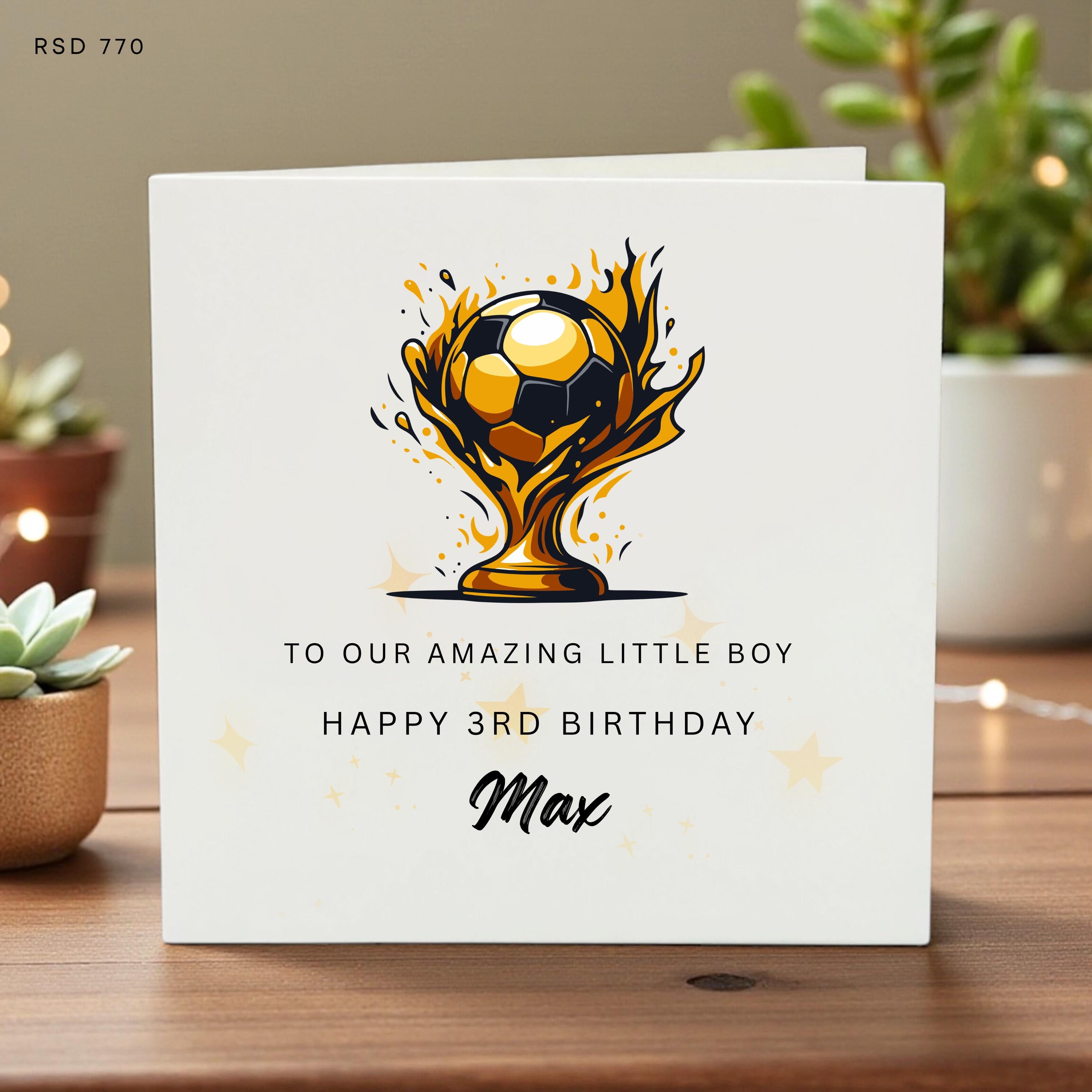 Personalized 3rd Birthday Card for Boys, Max Name Card, Son Birthday Greeting, Keepsake, Football Trophy Illustration