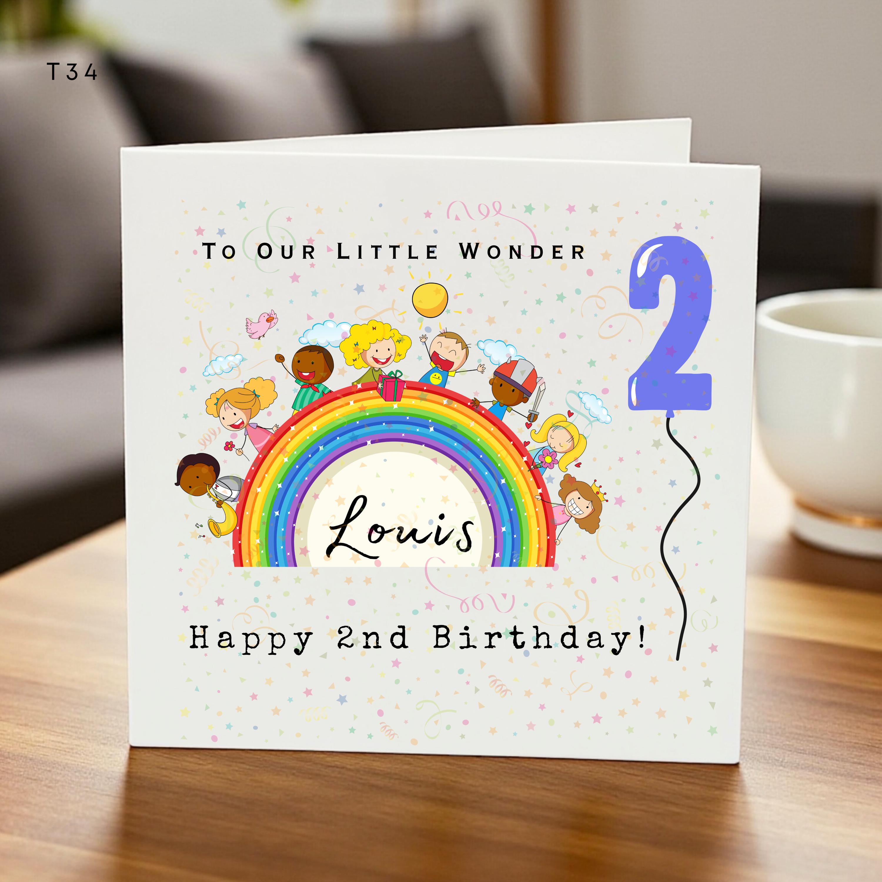 Personalised 2nd Birthday Card For Child Custom Name Rainbow Kids Greeting Keepsake Gift Toddler Birthday Celebration Card