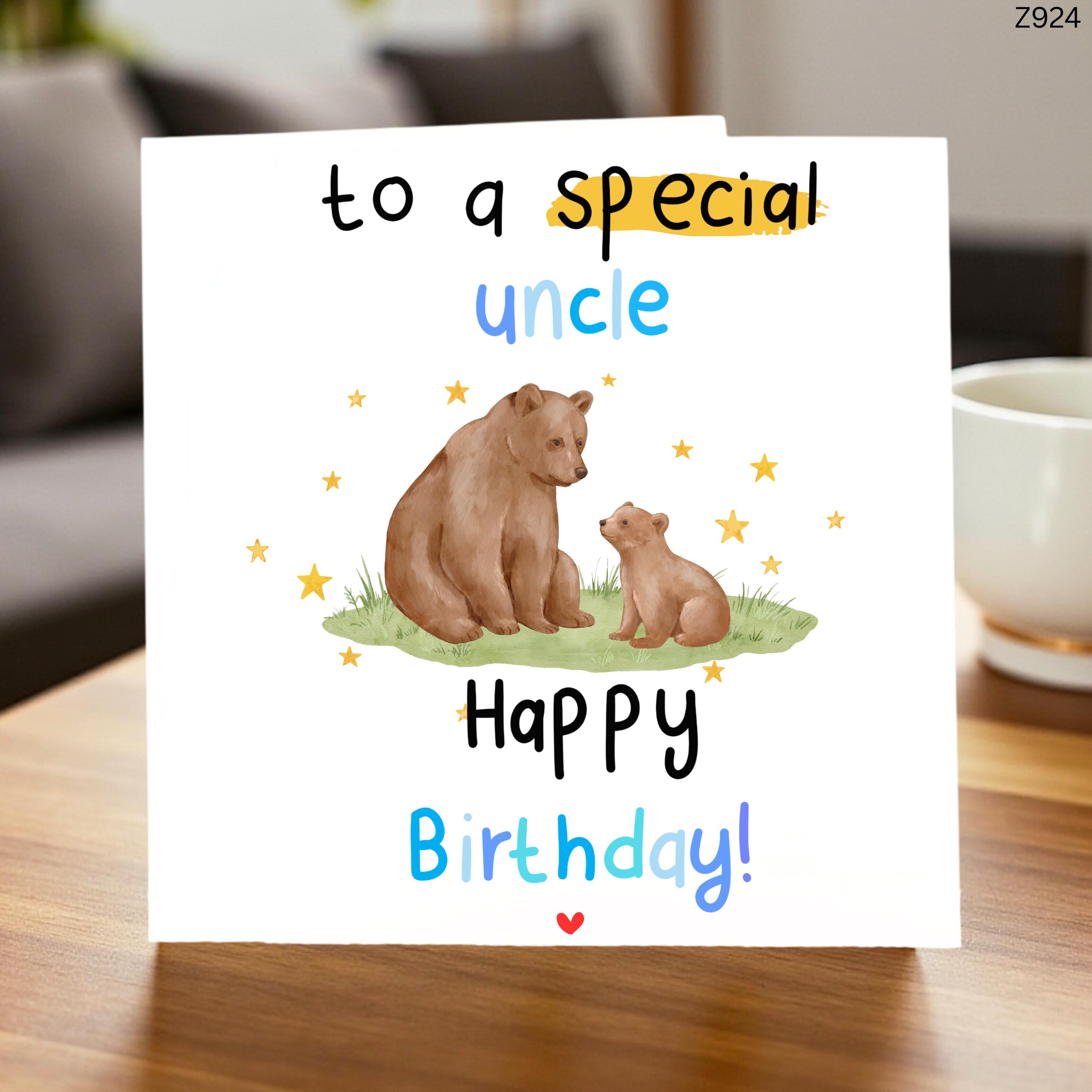 To a Special Uncle Birthday Card - Cute Bear Uncle Birthday Gift - Happy Birthday Uncle Card - Bear Illustration Card for Uncle - Bro