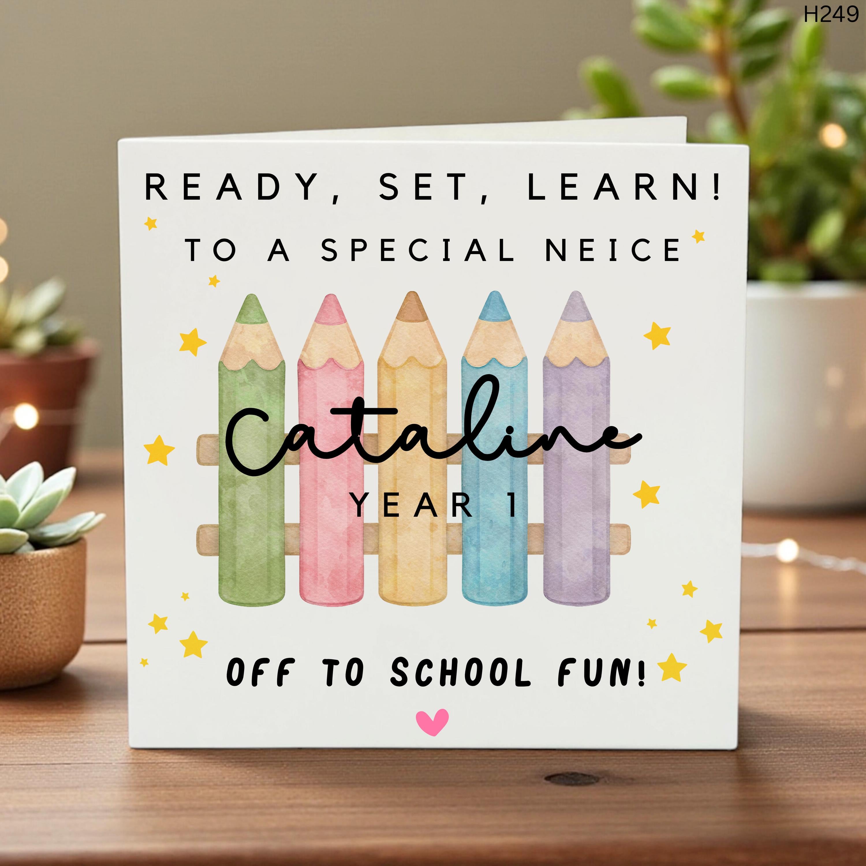Personalized Back to School Card for Girls, Custom Name Year 1 Pencil Design, Cute Keepsake, First Day of School Greeting