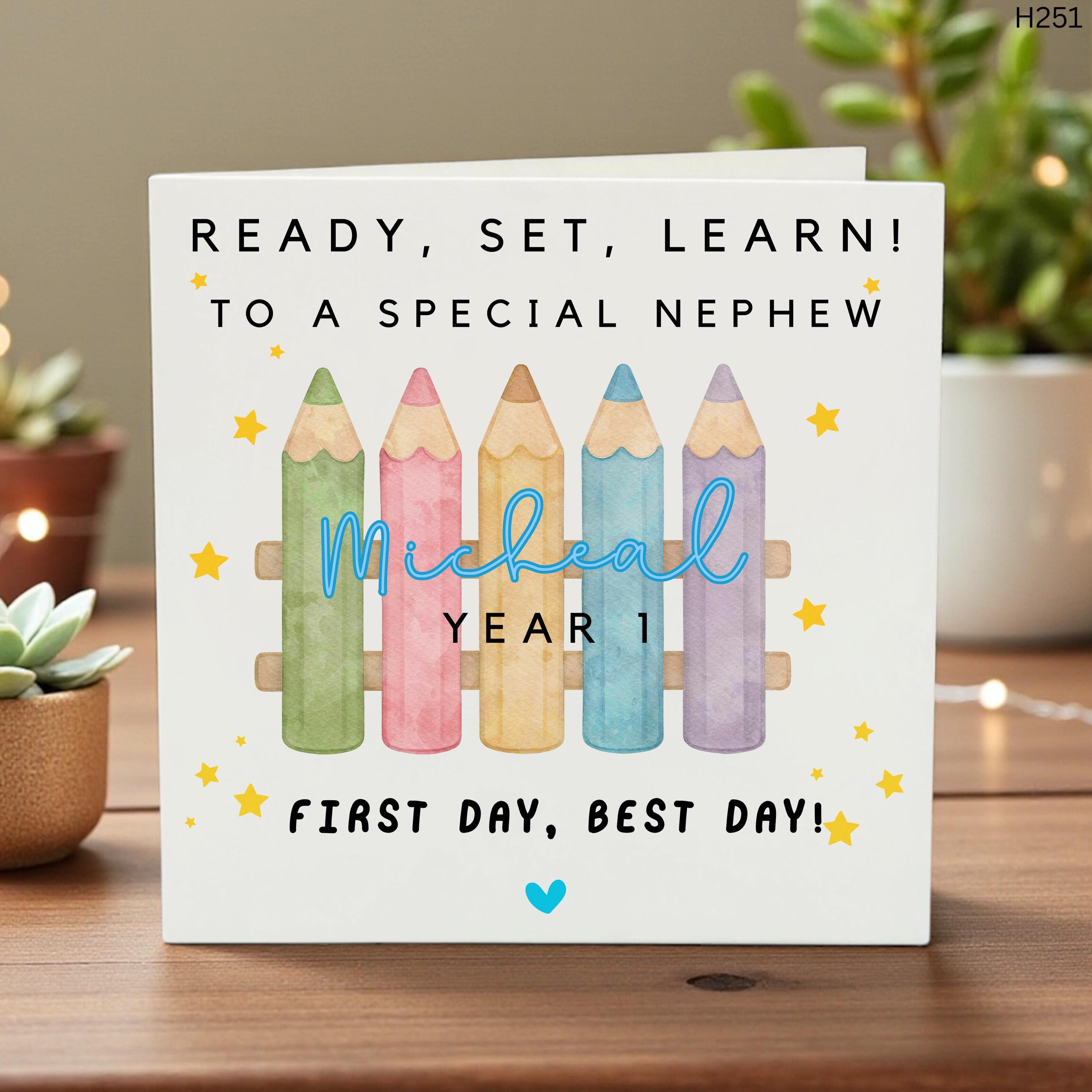 Personalized First Day of School Card for Boys, Custom Name Year 1 Pencil Design, Cute Keepsake, Toddler Back to School Greeting