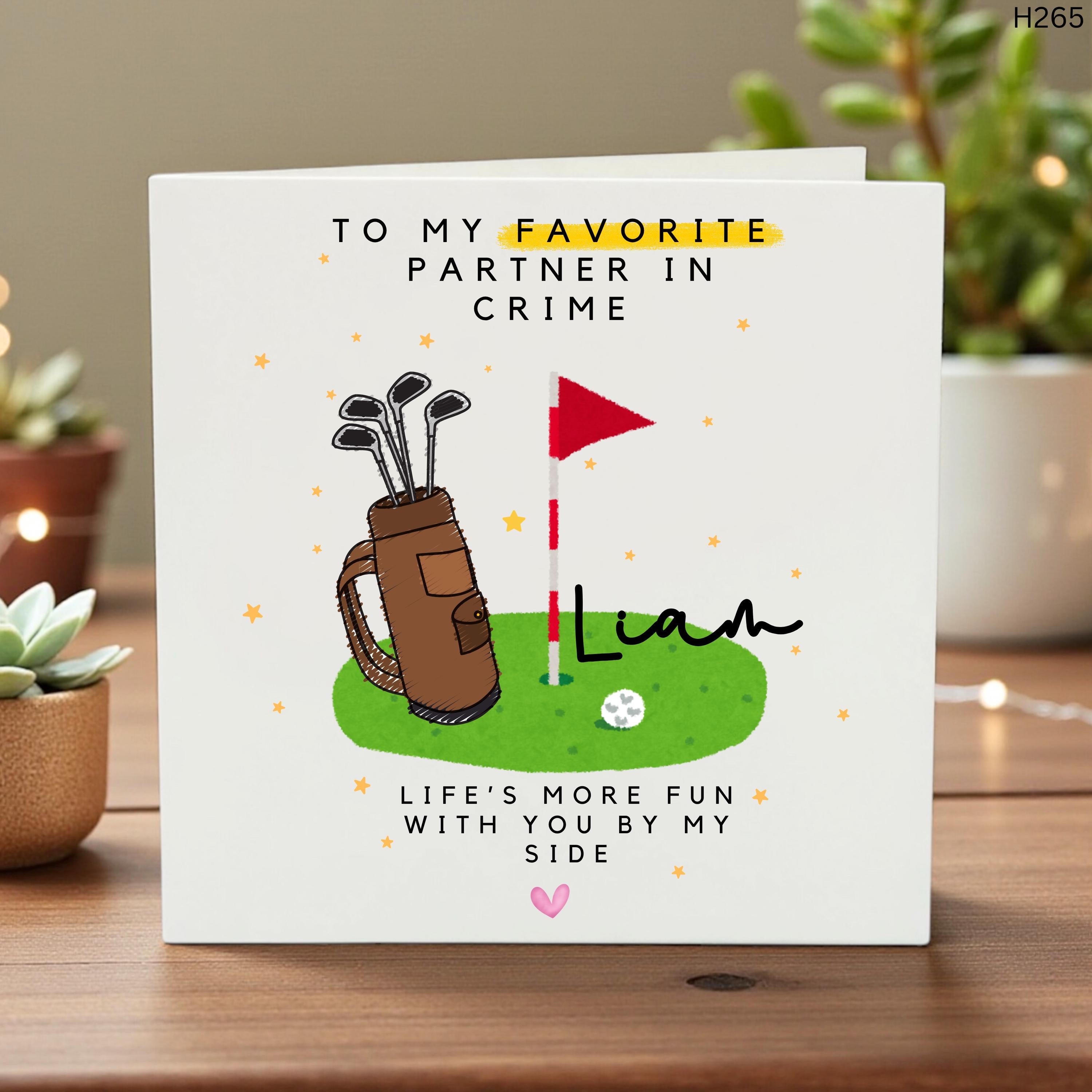 Funny Golf Anniversary Card for Partner, Custom Name, Favorite Partner in Crime, Tee-rific Illustrated Keepsake, Handmade Card