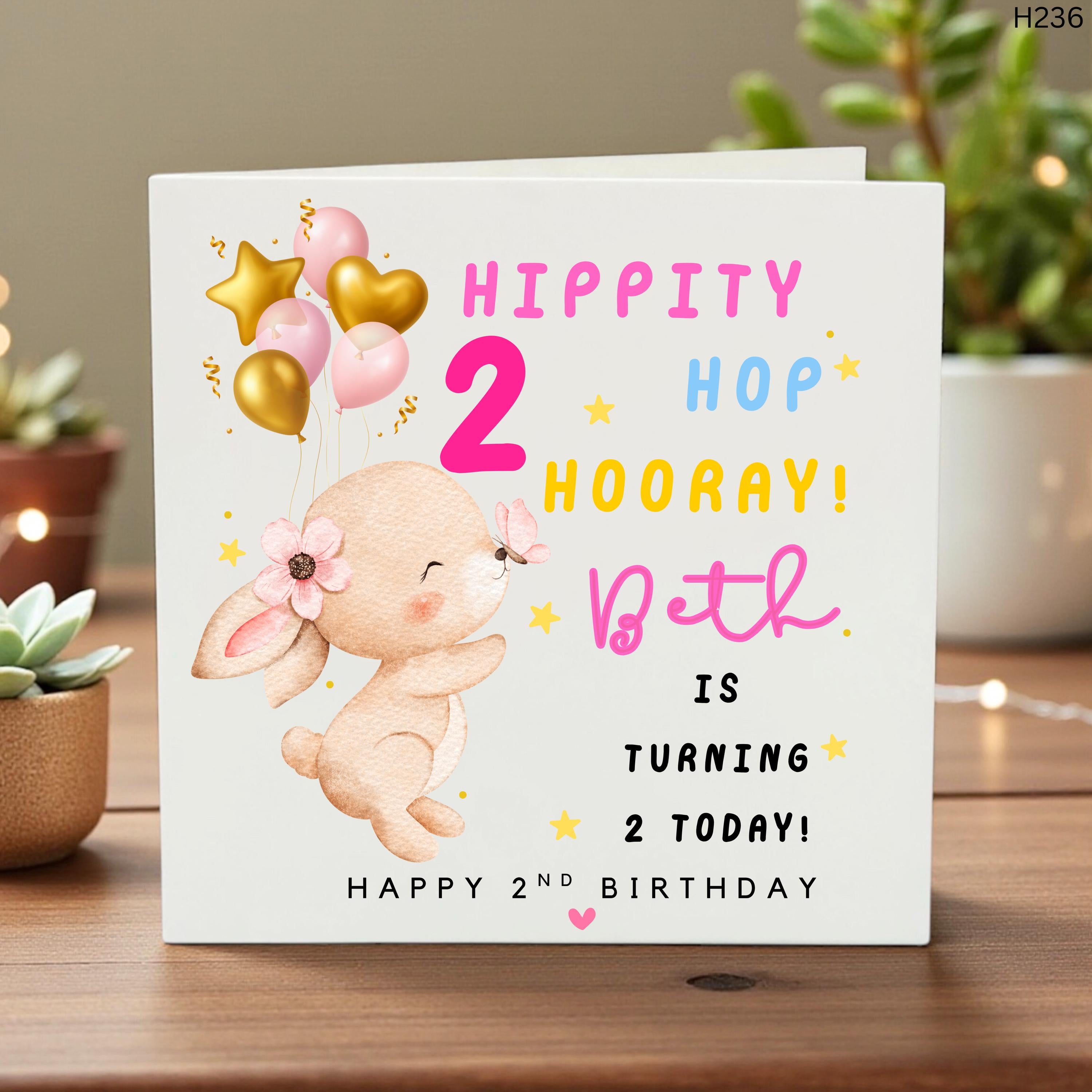 Personalised 2nd Birthday Card for Girls, Hippity Hop Bunny, Cute Animal Illustration, Custom Name Card, Birthday Keepsake
