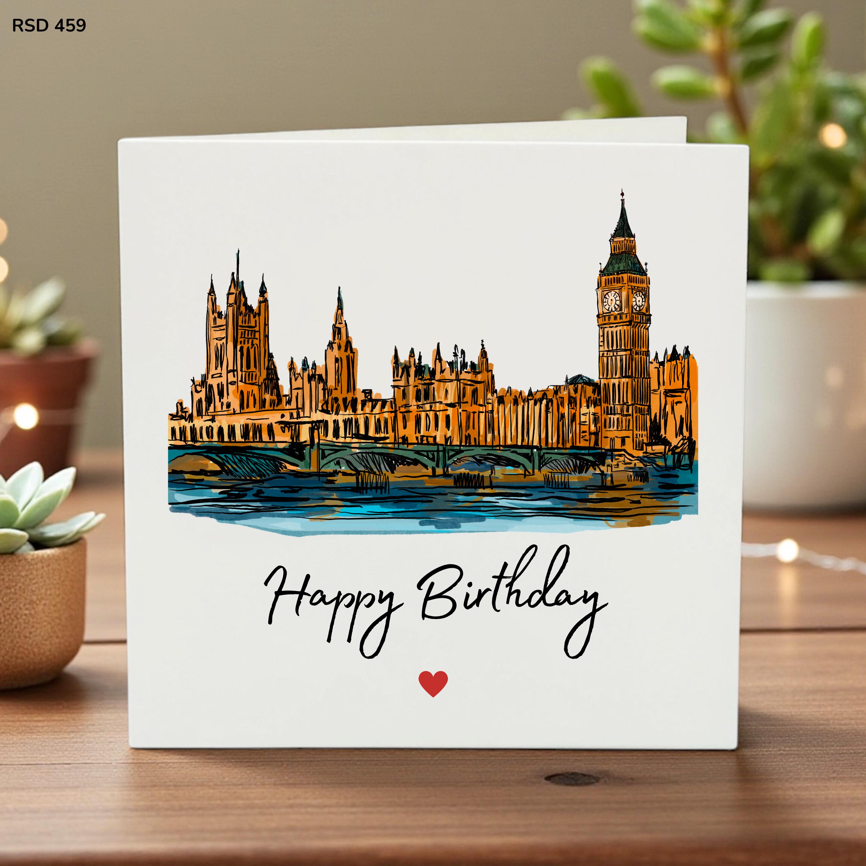 London Skyline Happy Birthday Card, Houses of Parliament & Big Ben Illustration, British Themed Birthday Card for Travel Lovers, Elegant