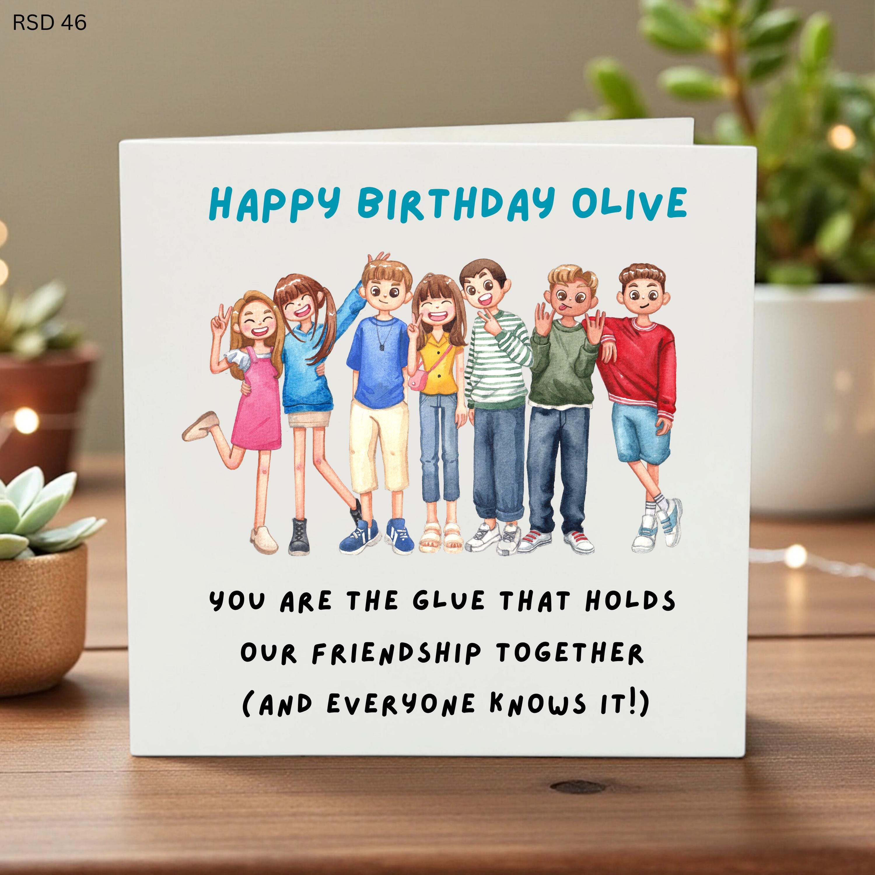 Personalized Best Friend Birthday Card, Funny Friendship Card for Olive, Custom Group Illustration, The Glue That Holds Us Together Gift