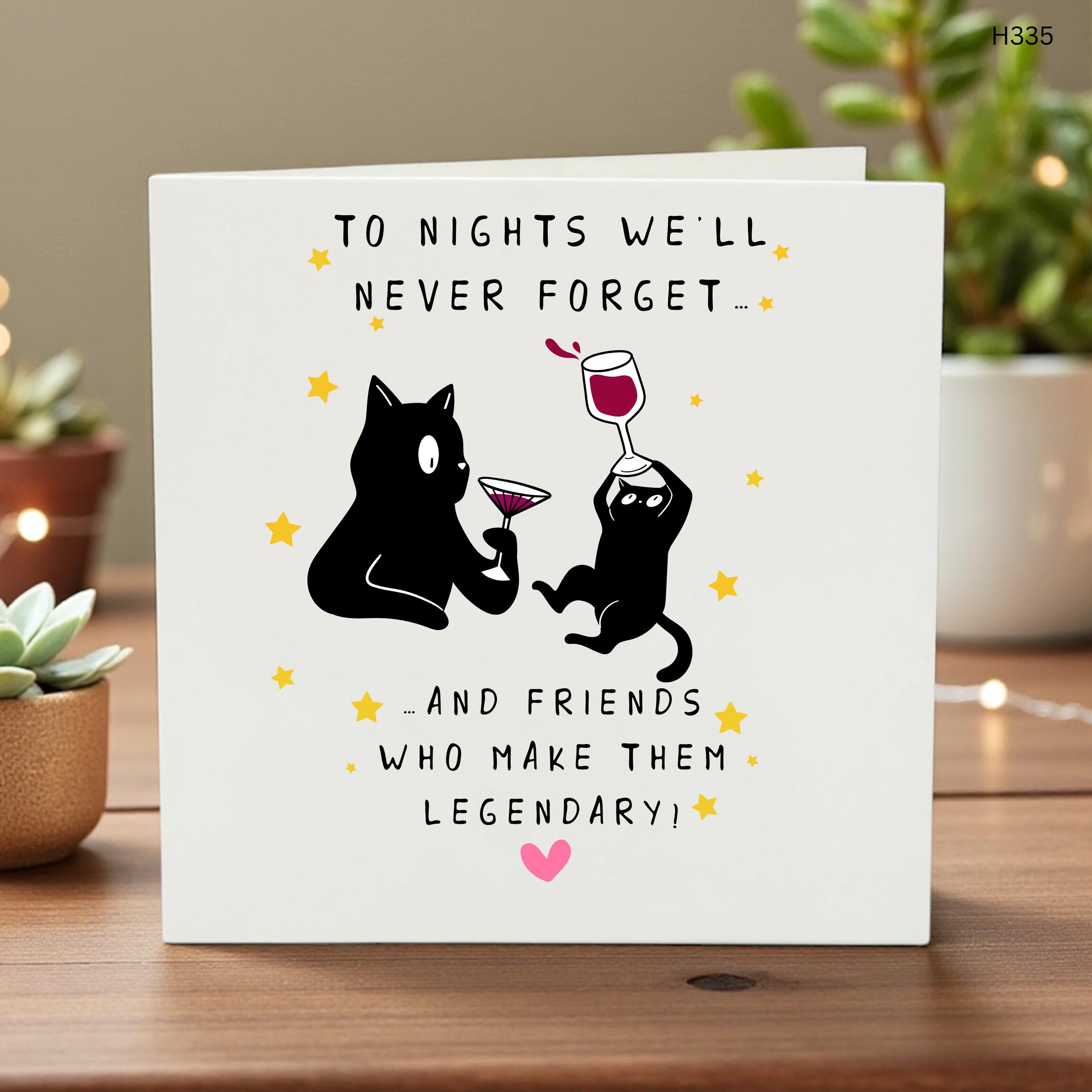 Funny Black Cat Birthday Card for Friend - Wine and Cocktail Lover Greeting Card - Witty Bday Gift for Bestie, Cat Mom - Legendary Nights