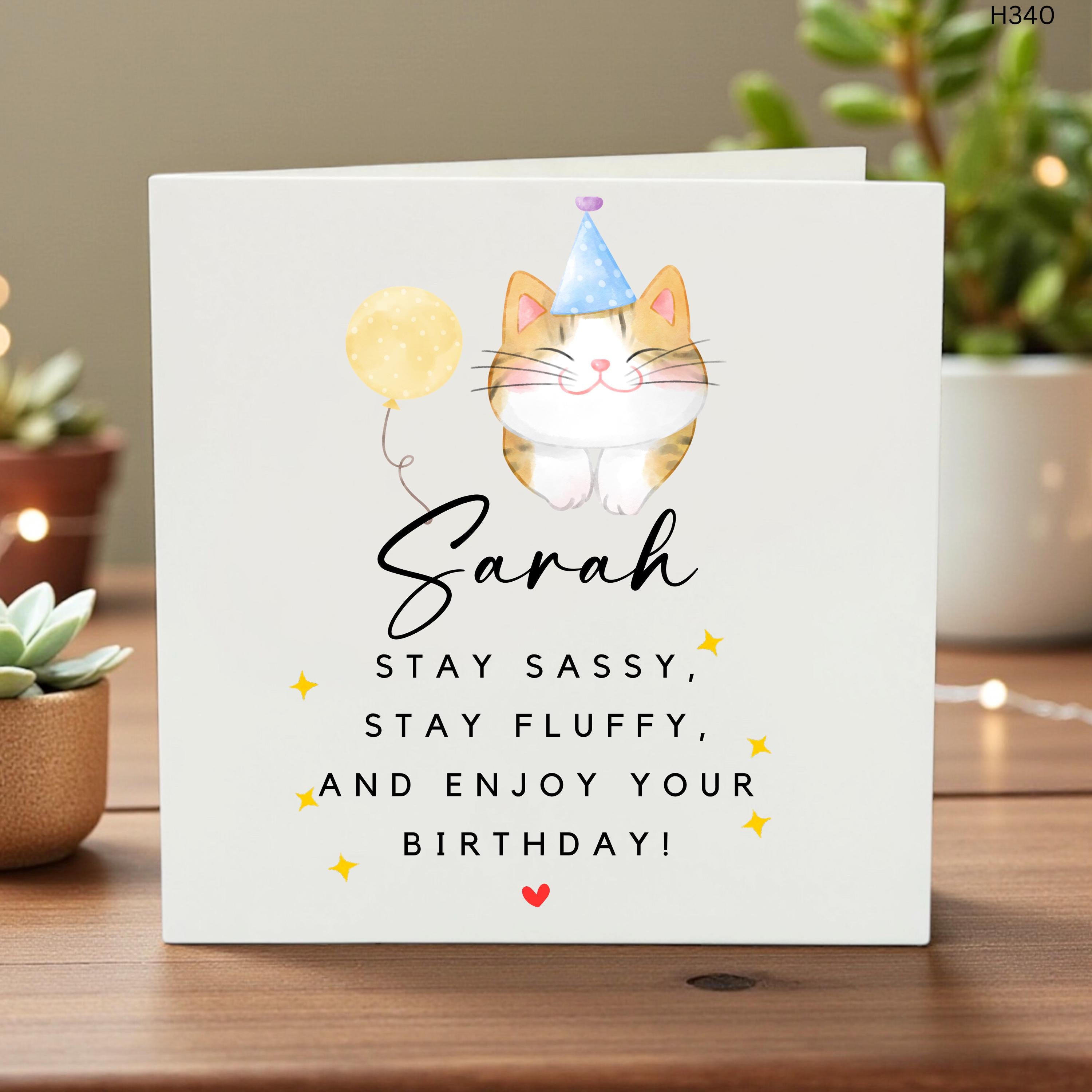 Personalized Cat Birthday Card - Custom Name Stay Sassy Fluffy Greeting Card for Her, Daughter, Friend, Cat Lover - Cute Ginger Kitten Gift