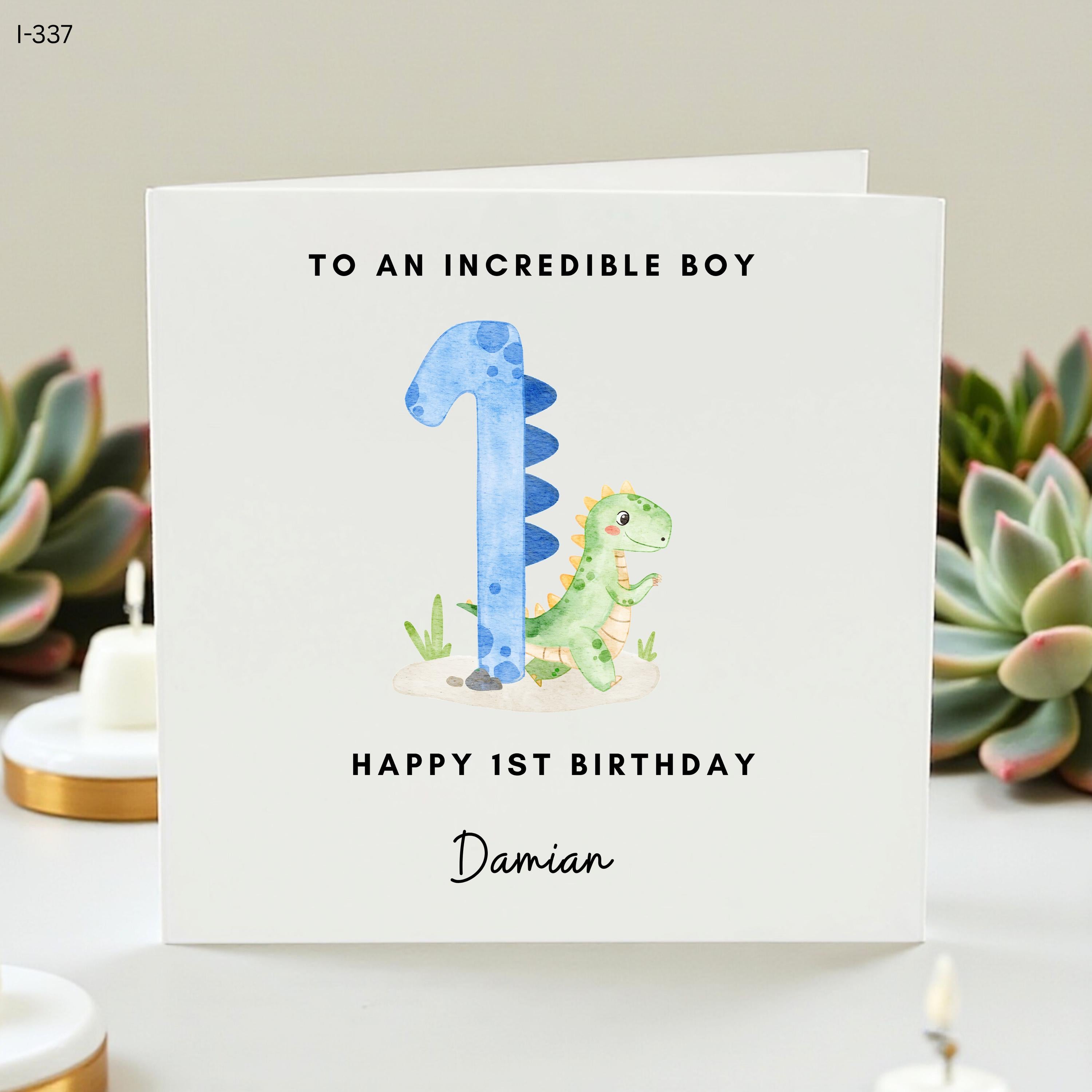Personalized 1st Birthday Card Boy, Dinosaur First Birthday Card, Custom Name Age 1 Greeting Card, Incredible Boy 1st Birthday Gift, Damian