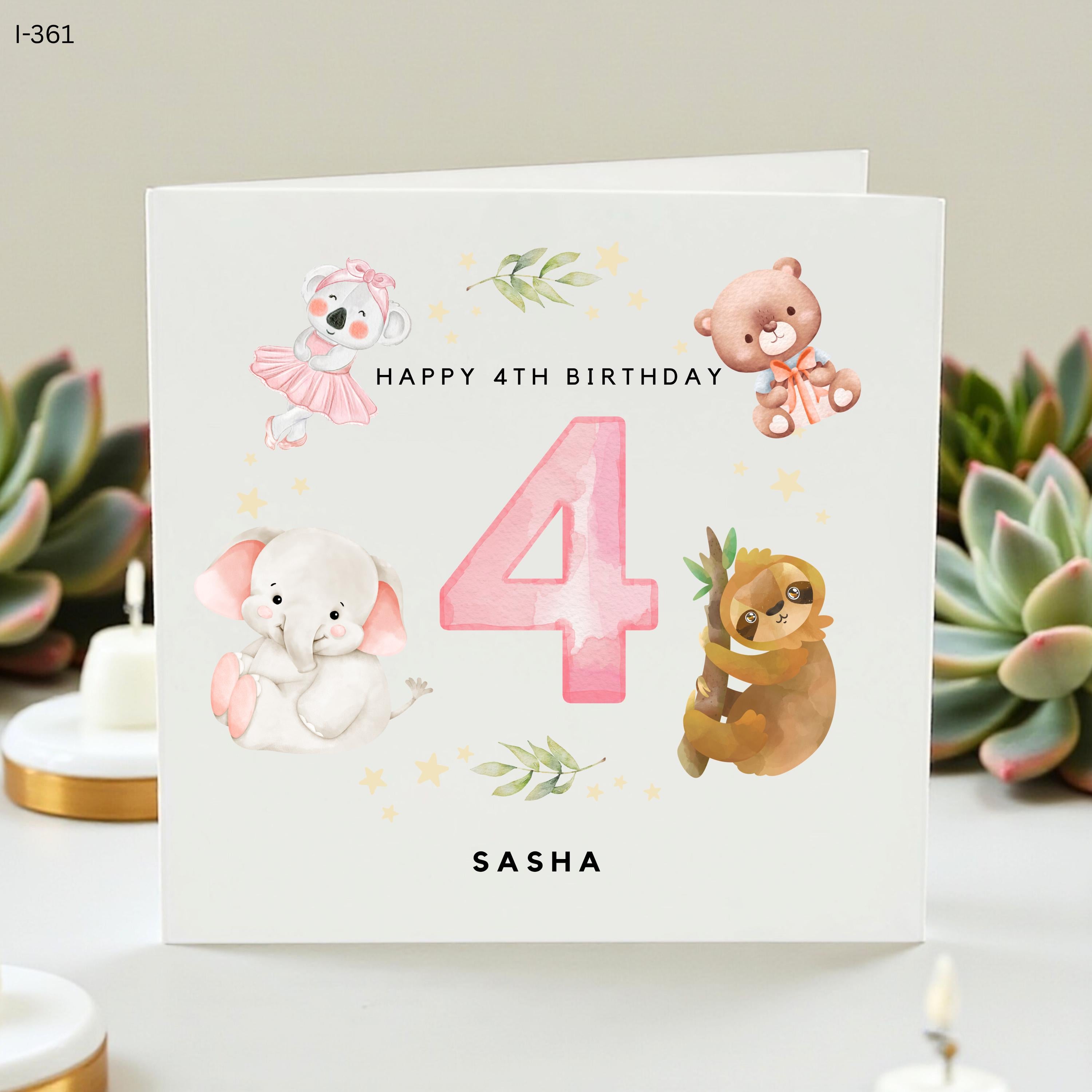 Personalized 4th Birthday Card Girl, Safari Animals Fourth Birthday Card, Custom Name Age 4 Greeting Card, Special Daughter Niece Gift