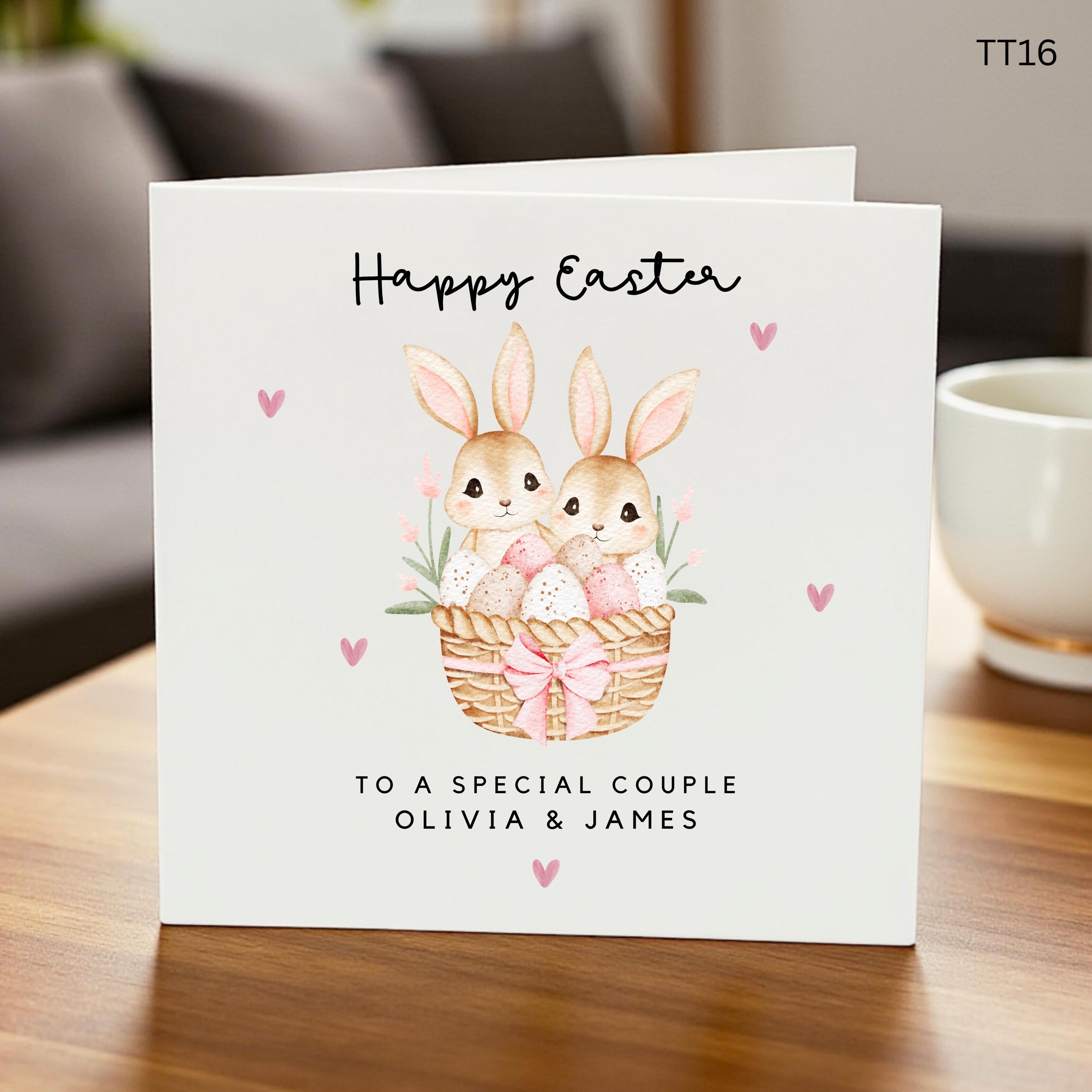 Personalized Happy Easter Card for a Special Couple, Custom Names Bunny Basket Greeting, Cute Rabbits, Handmade Spring Holiday