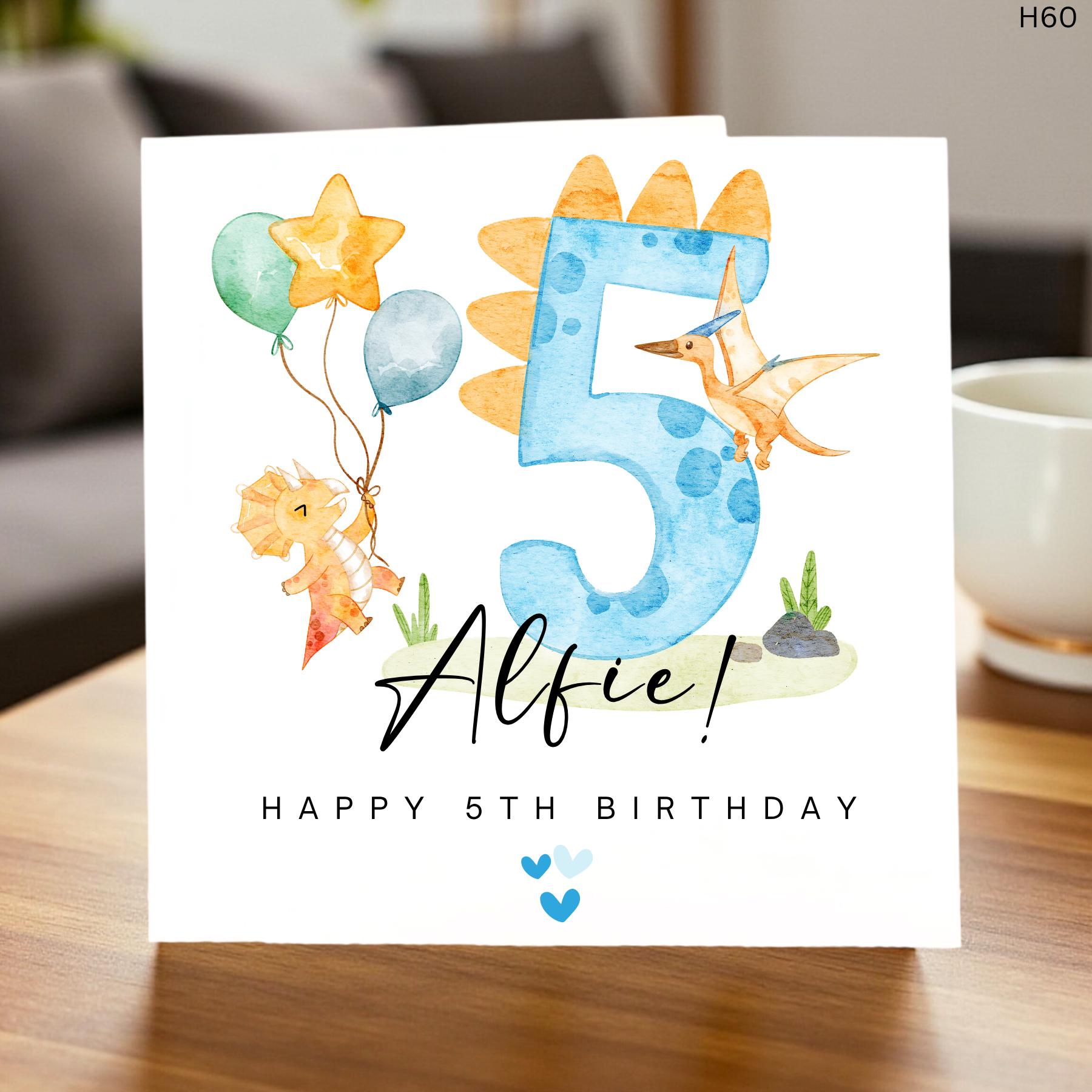 Personalized 5th Birthday Card Dinosaur Theme, Custom Name Age 5 Card for Boys or Girls, Watercolor Dino Birthday Gift for Son or Grandson