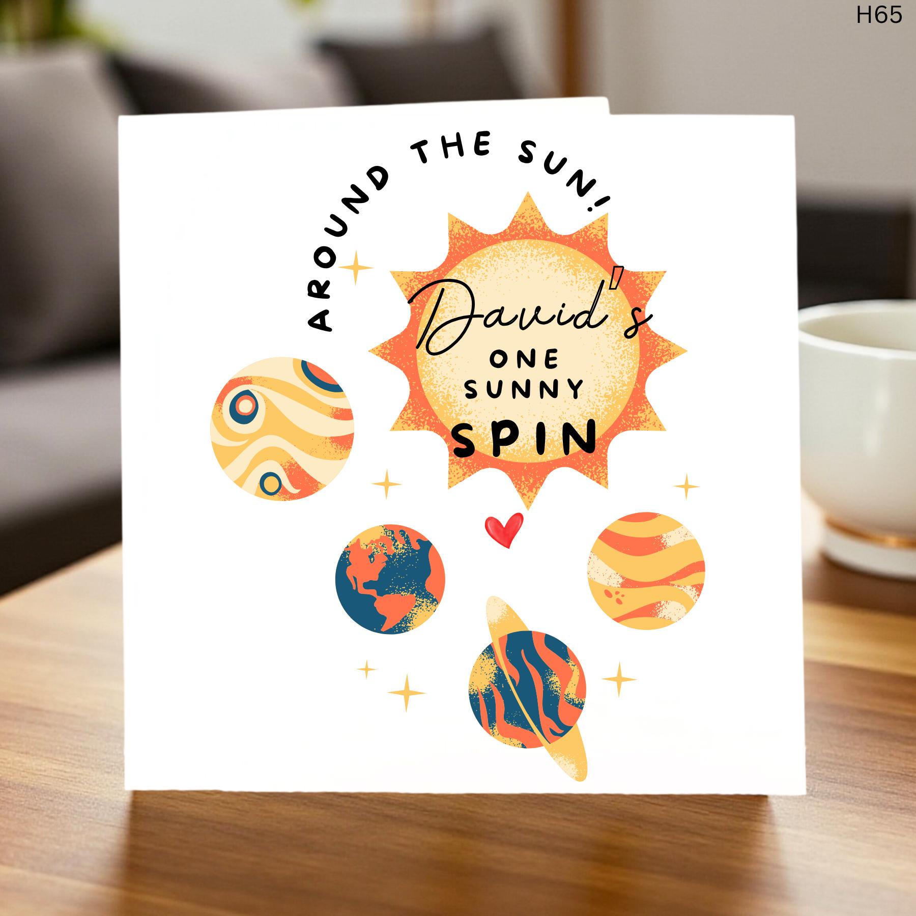 Personalized First Trip Around the Sun Birthday Card, Custom Name 1st Birthday Space Card, One Sunny Spin Greeting Card for Son or Grandson