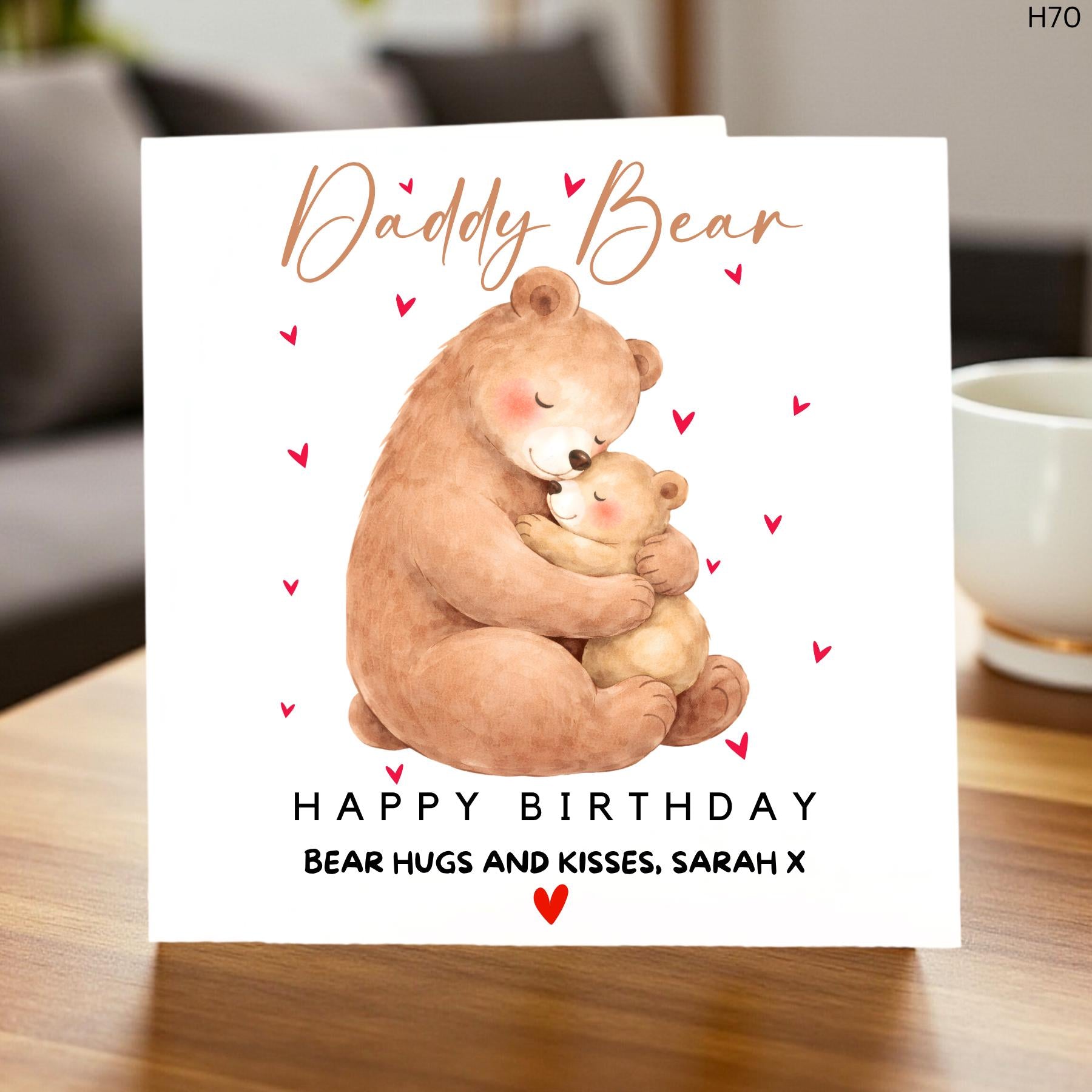 Personalized Daddy Bear Birthday Card, Custom Name Bear Hugs and Kisses Card for Dad, Cute Father Birthday Gift from Kids, Daddy Bear Card