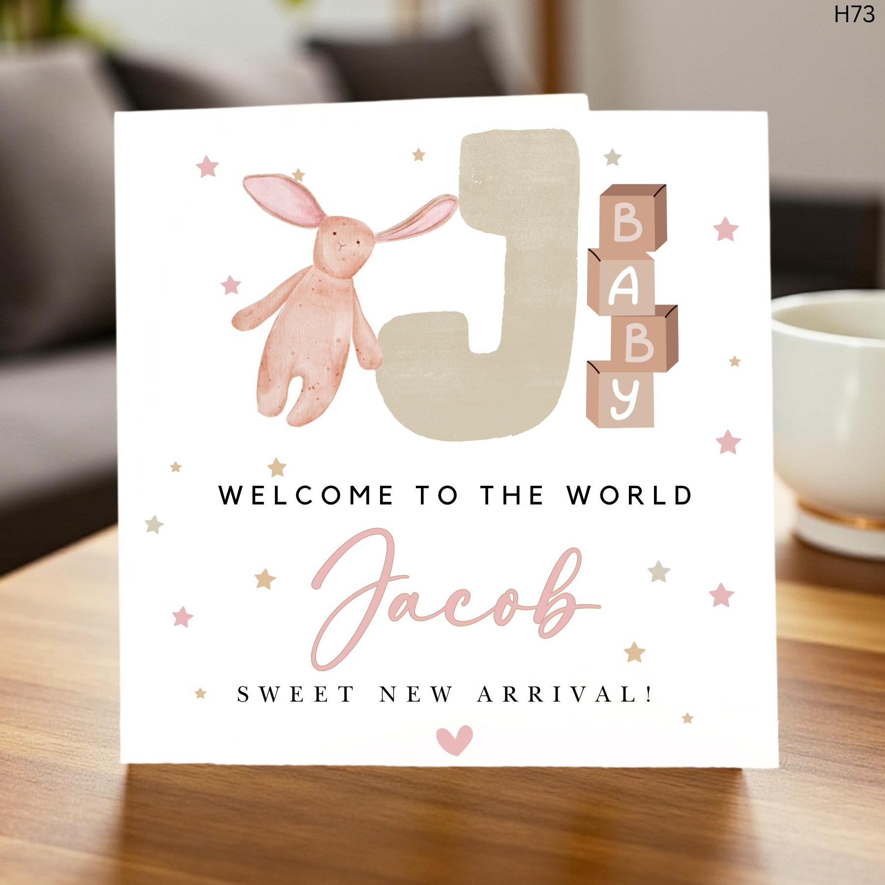 Personalized Welcome to the World Baby Boy Card, Custom Name and Initial J New Baby Card, Sweet New Arrival Card, Cute Bunny Baby Blocks