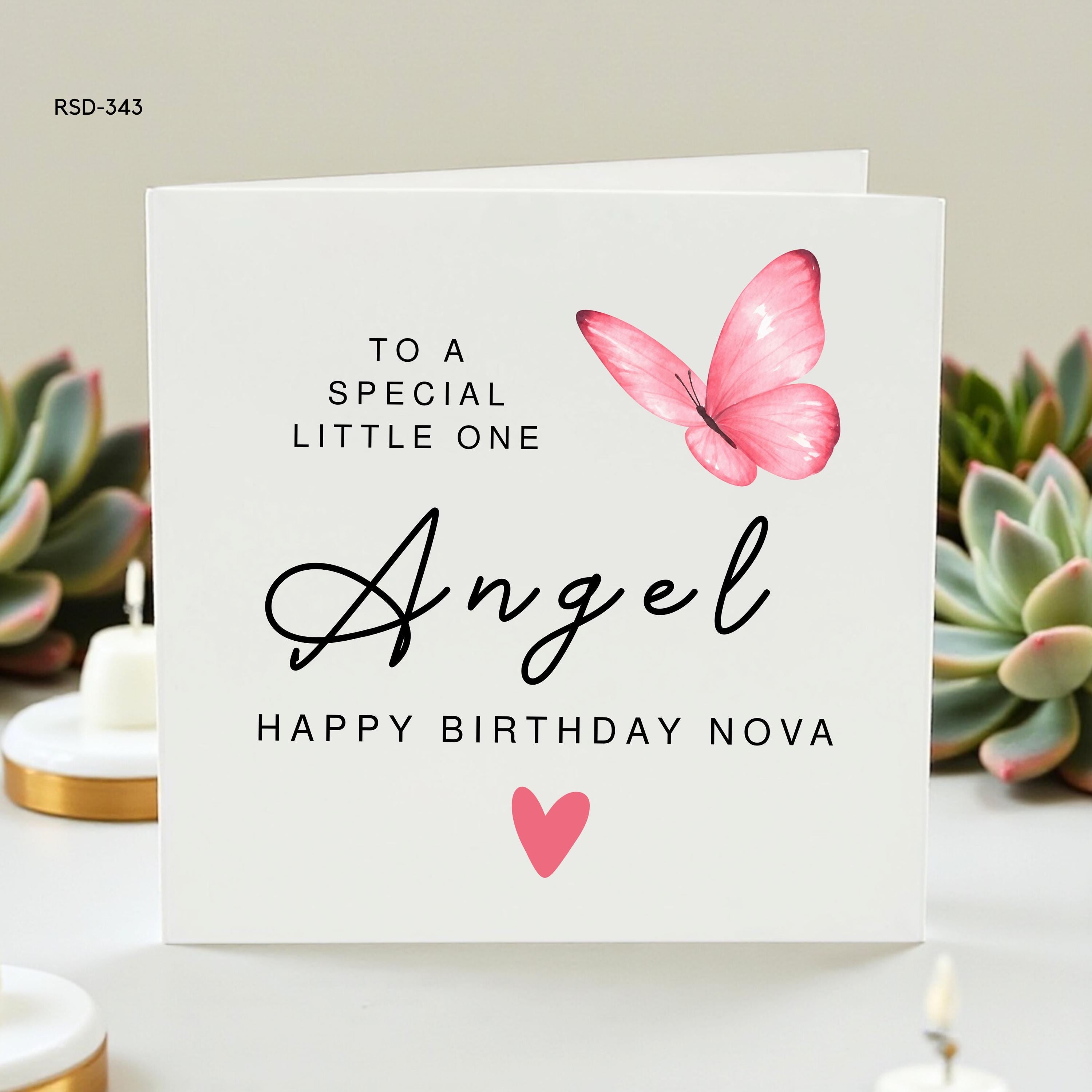 Personalized Angel Birthday Card for Kids, Custom Name Greeting Card, Little One Birthday Gift, Pink Butterfly Design, Keepsake Card