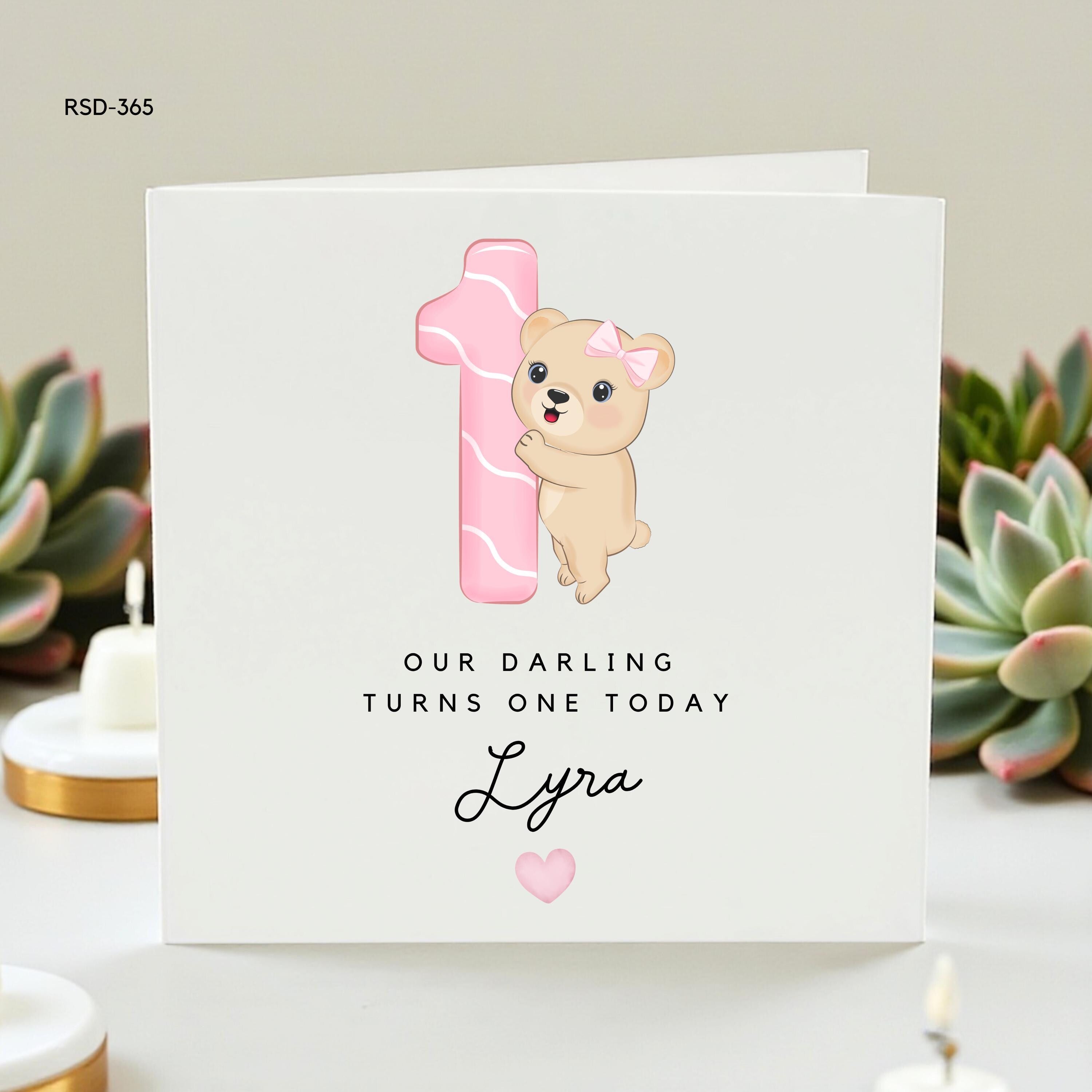 Personalized 1st Birthday Card for Baby Girls, Custom Name Little One Birthday Greeting, Cute Bear and Pink Number Design, Keepsake Card