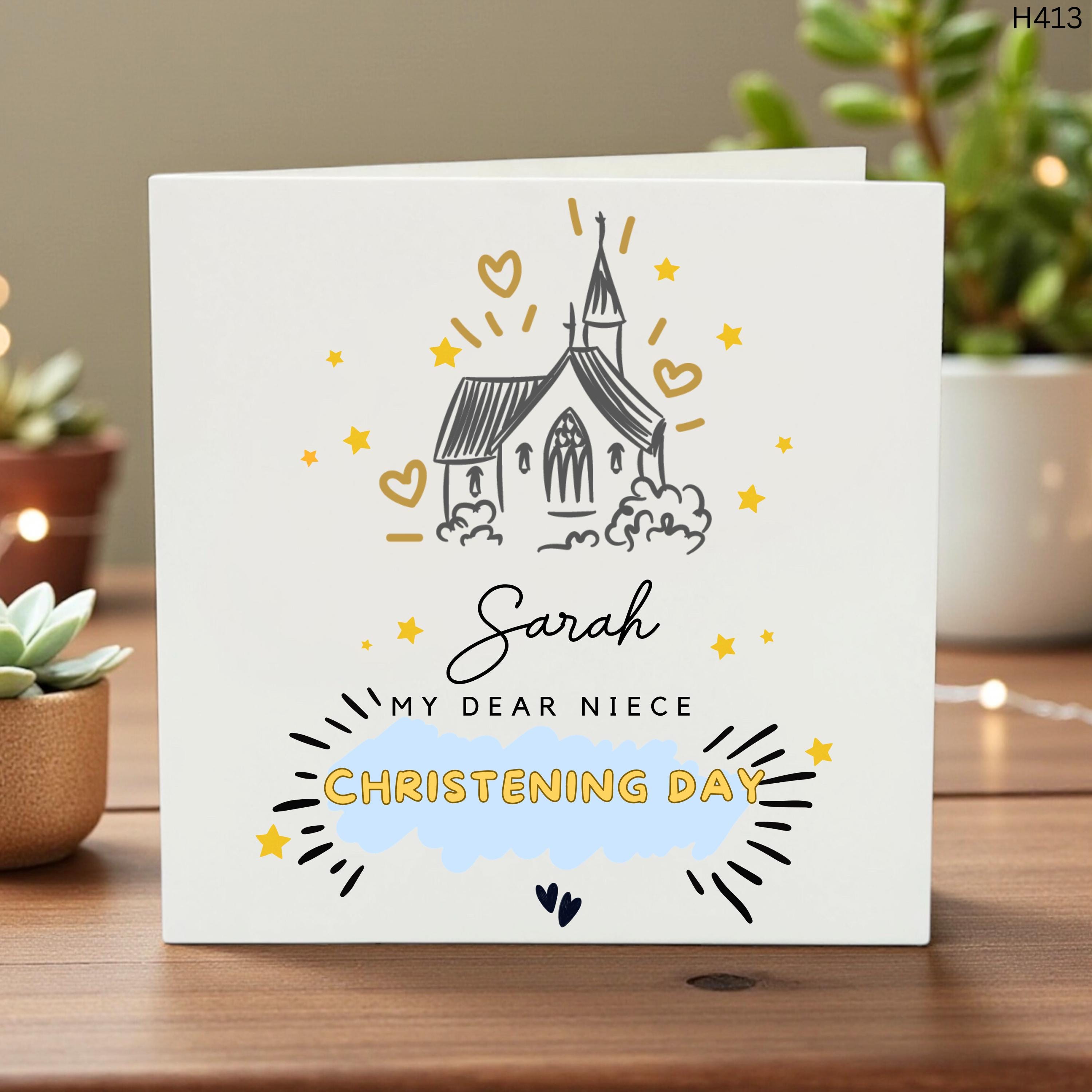 Christening Card, Personalized Christening Day Greeting, My Dear Niece, Baby Celebration Card, Cute Church Illustration, Custom Name 6x6