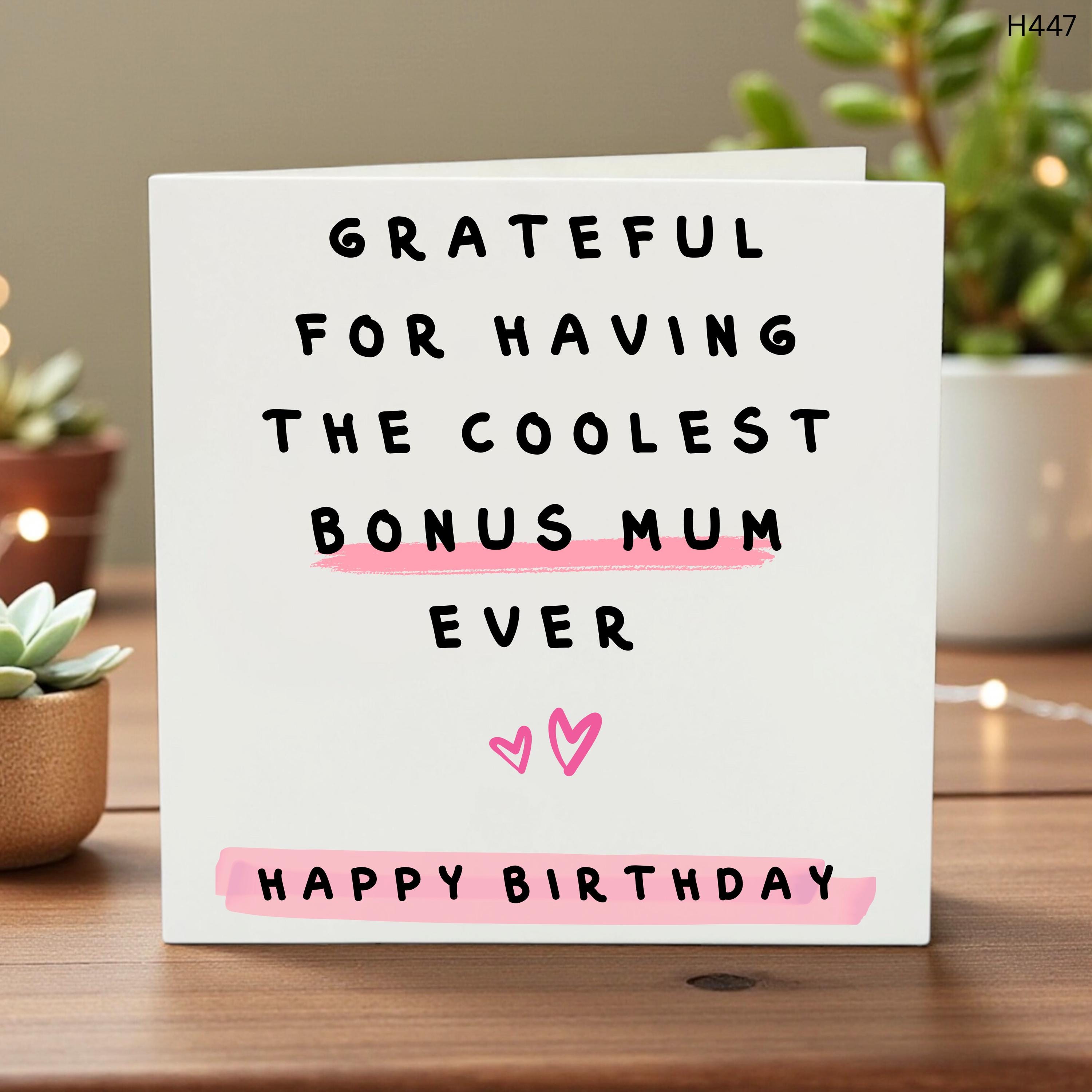 Funny Birthday Card for Bonus Mum, Grateful Mum Greeting, Cute Pink Card for Step-Mother, Personalized Family Card, Special Gift - Step Mum