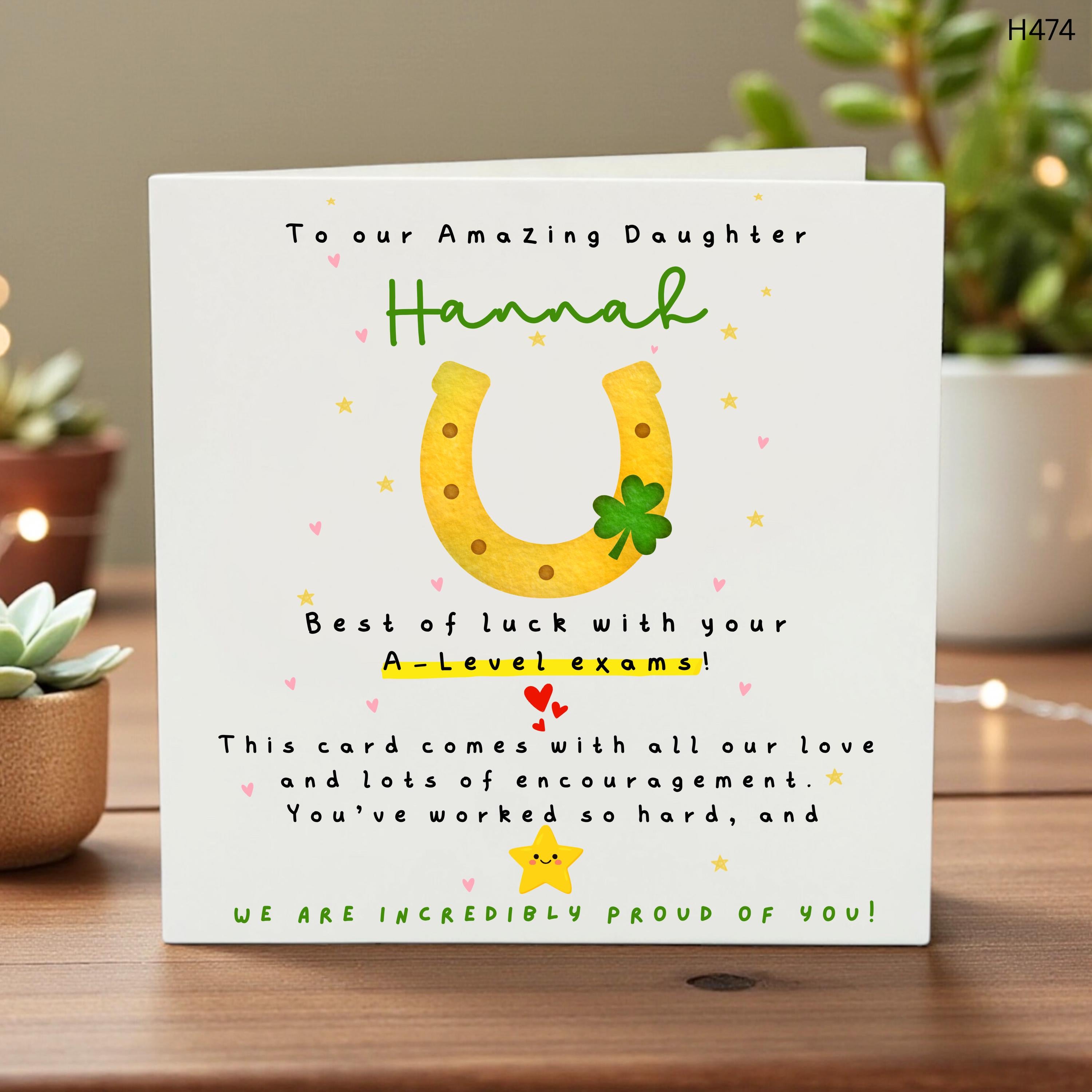 Personalized Daughter A Level Good Luck Card, To Our Amazing Daughter Exam Card, Custom Name Horseshoe Card, Lucky Shamrock Exam Success