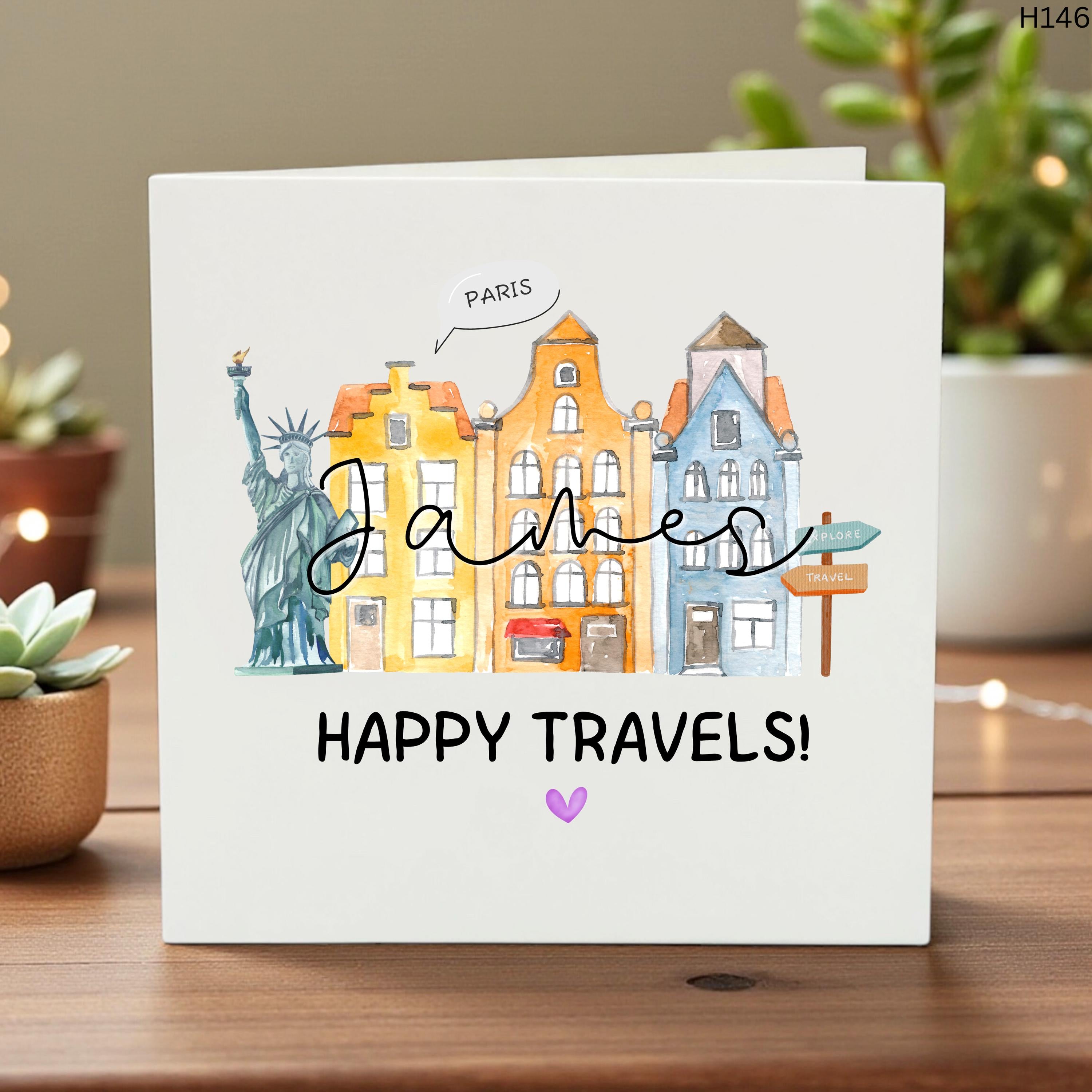 Personalized Happy Travels Card Custom Name Bon Voyage Gift Travel Card for Friend Moving Abroad Card Gap Year Card Europe Trip Reveal Gift