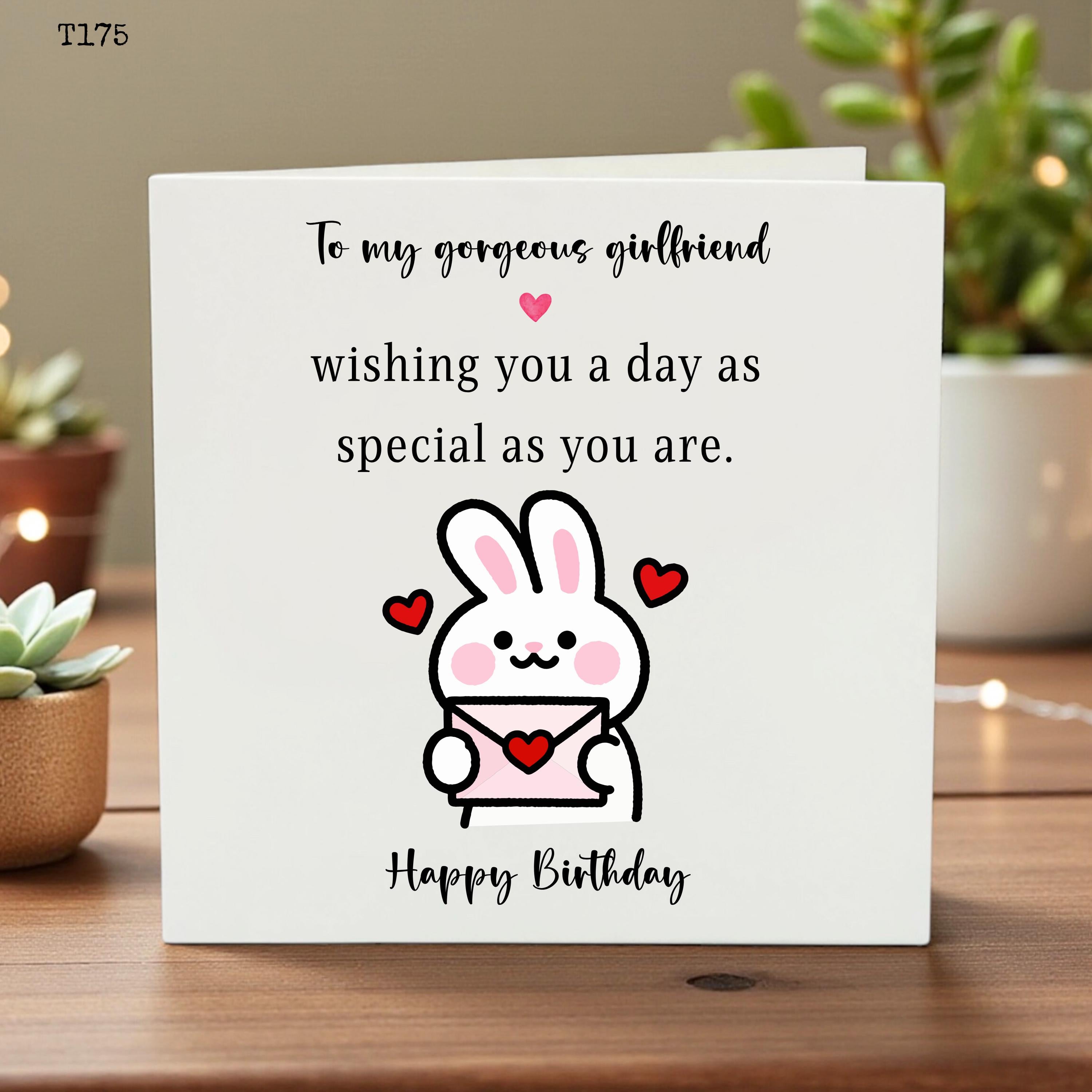 Cute Girlfriend Birthday Card - To My Gorgeous Girlfriend Rabbit Birthday Card - Romantic Bunny Greeting Card for Her, Partner