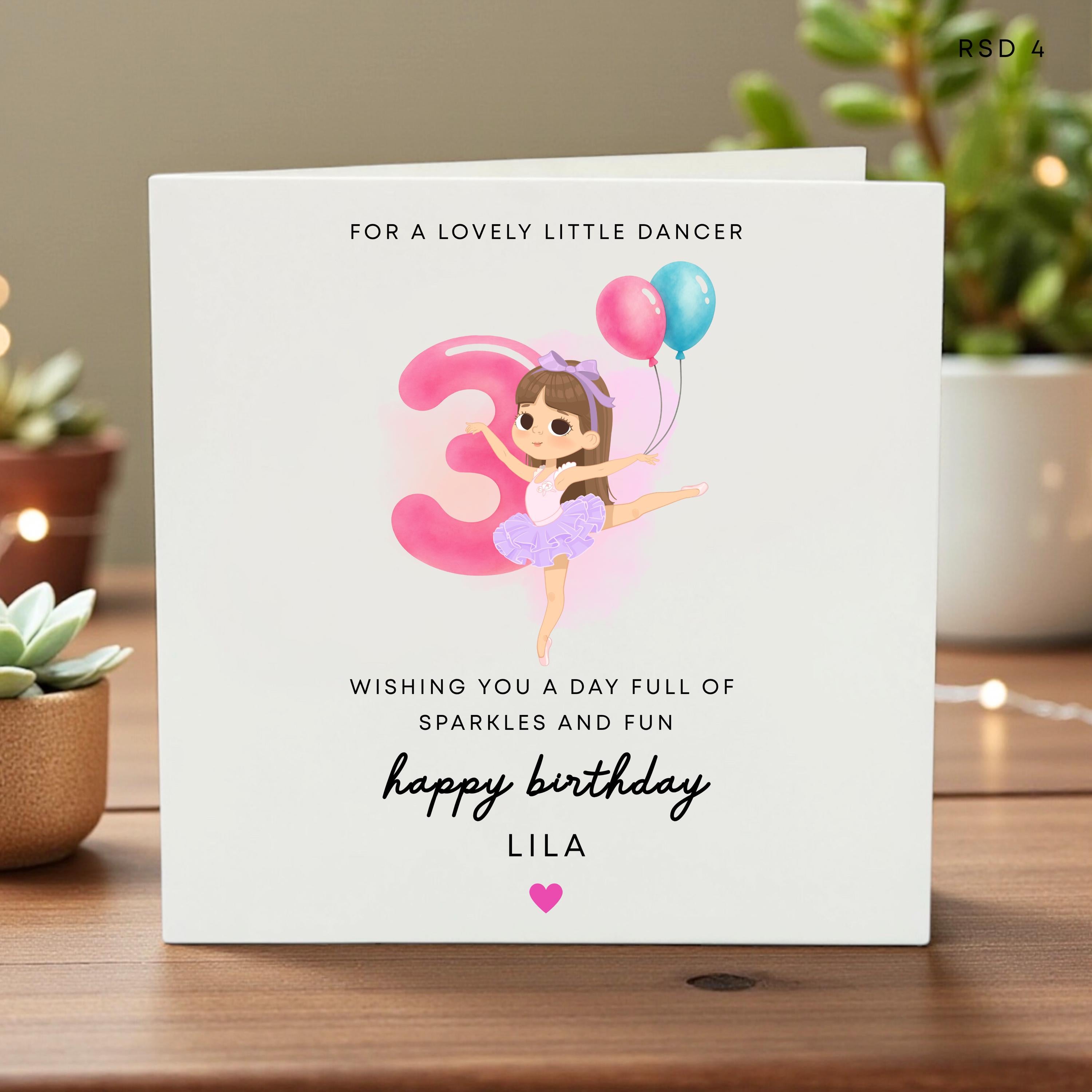 Personalized 3rd Birthday Card for Girl, Ballerina Theme Birthday Gift, Ballet Dancer Daughter or Granddaughter Age 3 Card, Custom Name Lila