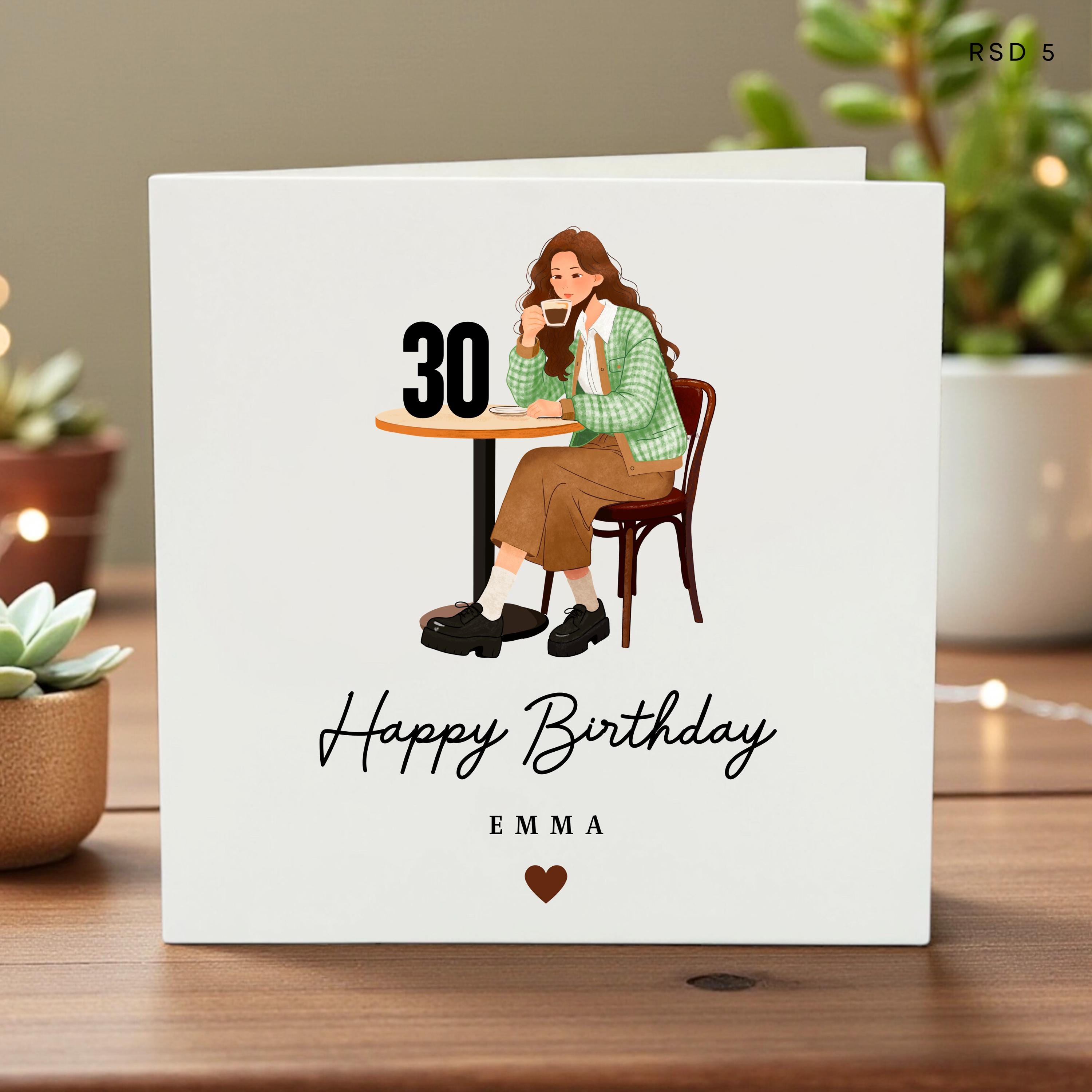 Personalized 30th Birthday Card for Her, Coffee Lover Birthday Gift, Thirtieth Birthday Card for Daughter or Friend, Custom Name Emma Card