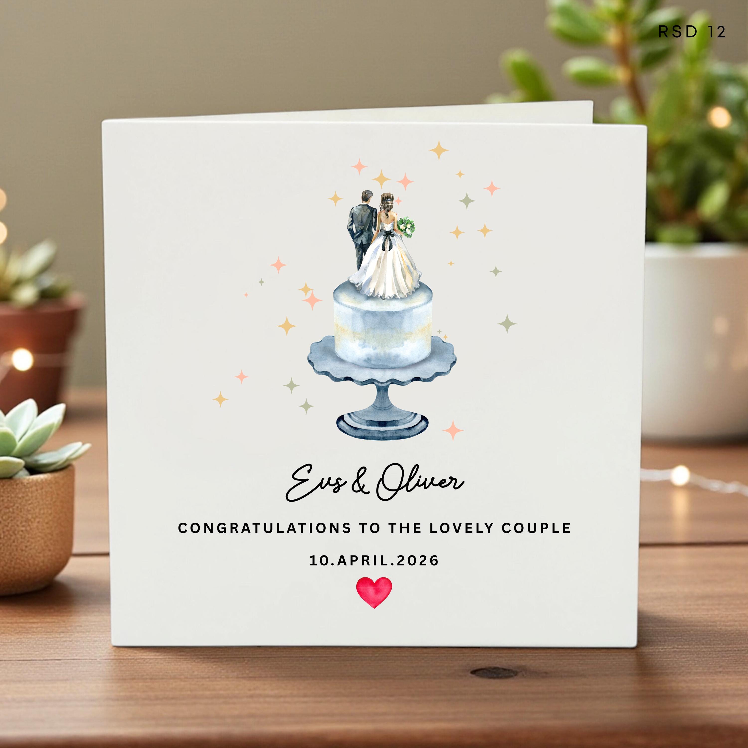 Personalized Wedding Cake Card, Custom Bride and Groom Topper Illustration, Wedding Date Keepsake Card for Couple, Congratulations Evie Card
