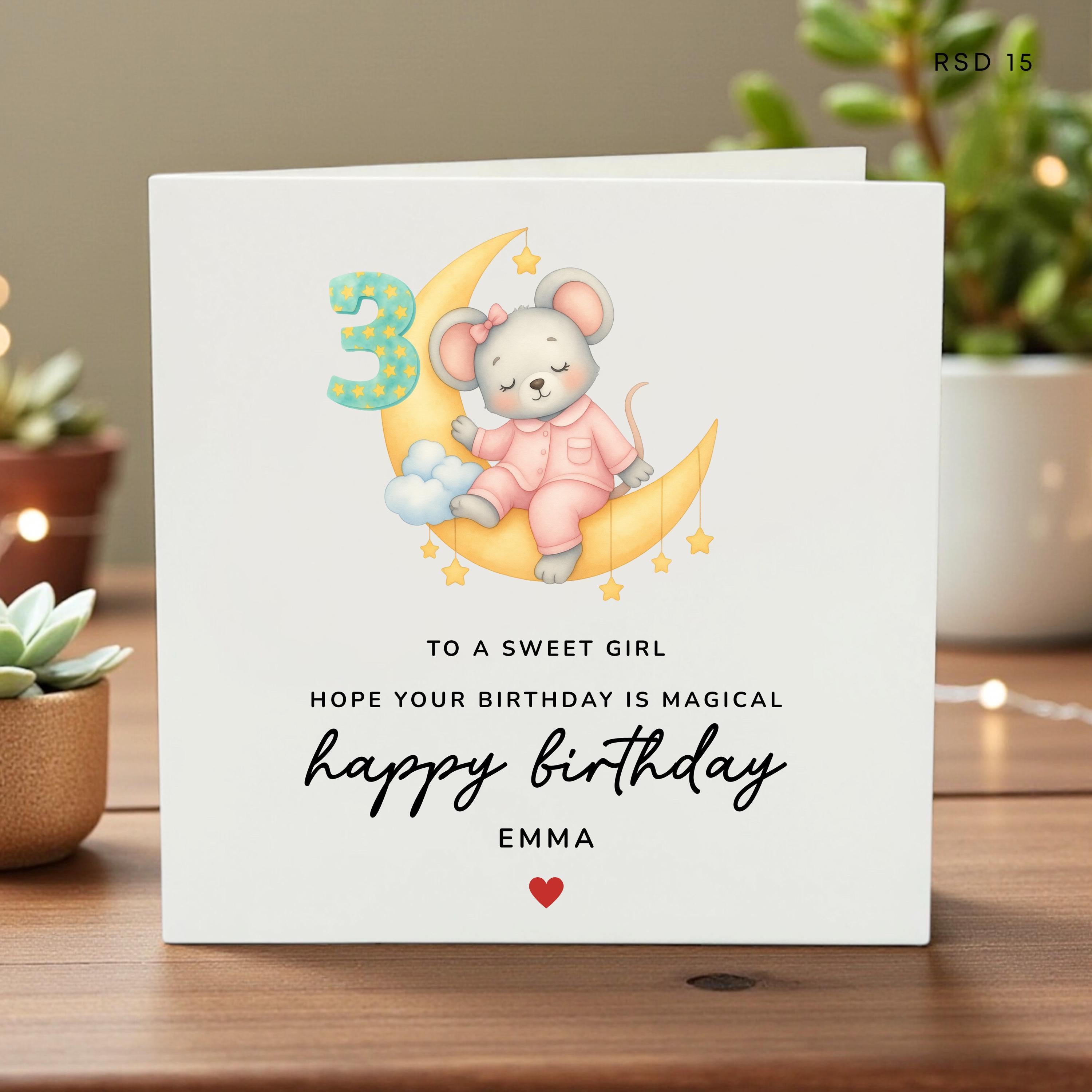 Personalised 3rd Birthday Card for Girl, Cute Mouse on Moon Design, Custom Name Daughter or Granddaughter Age 3 Card, Magical Birthday,