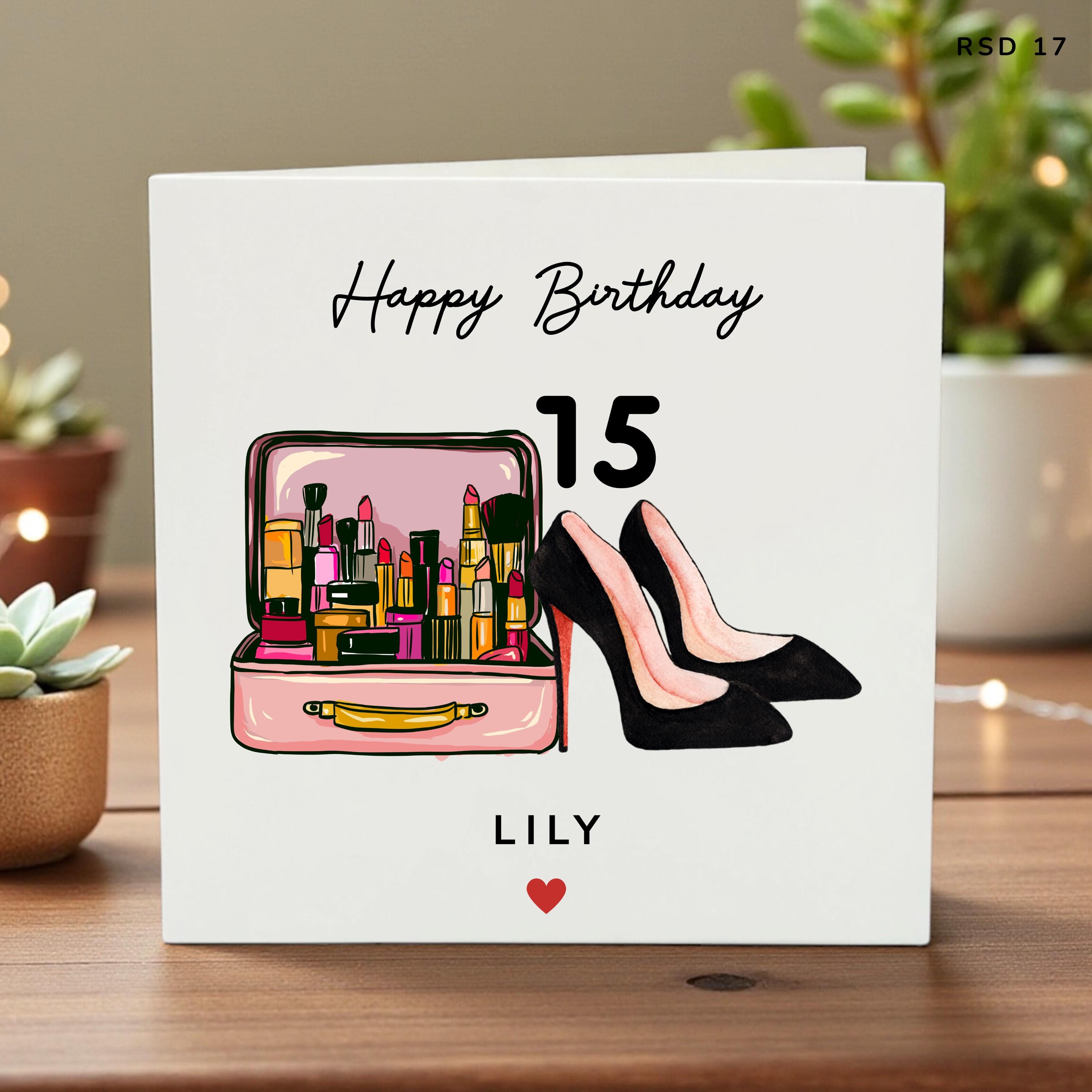 Personalised 15th Birthday Card for Girl, Makeup and High Heels Design, Custom Name Daughter or Granddaughter Age 15, Stylish Gift, RSD 17