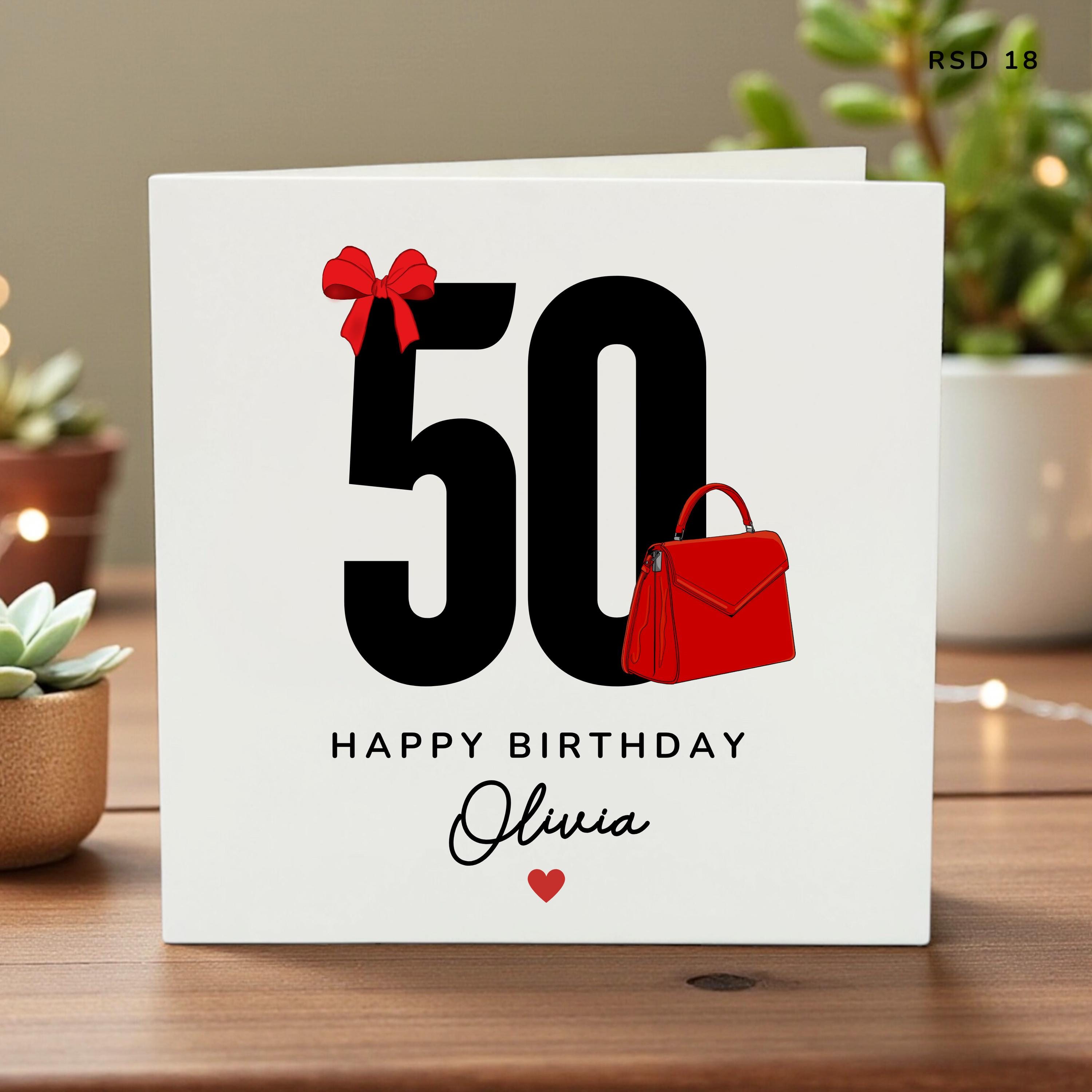 Personalised 50th Birthday Card for Women, Elegant Red Handbag Design, Custom Name Milestone Birthday Card for Mum, Friend, Sister, RSD 18