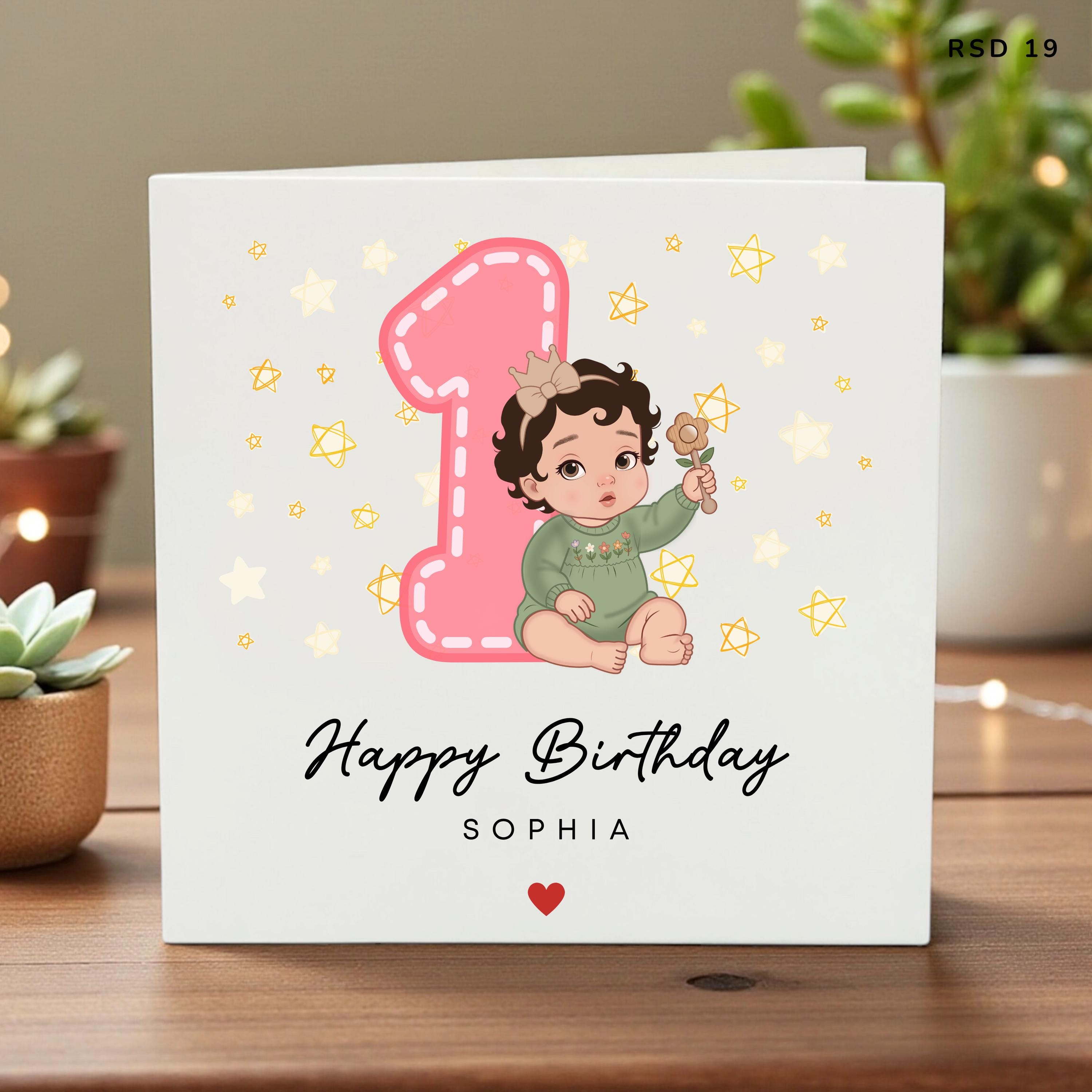 Personalised 1st Birthday Card for Baby Girl, Cute Illustration with Stars, Custom Name Daughter or Granddaughter Age 1 Card, Pink, RSD 19