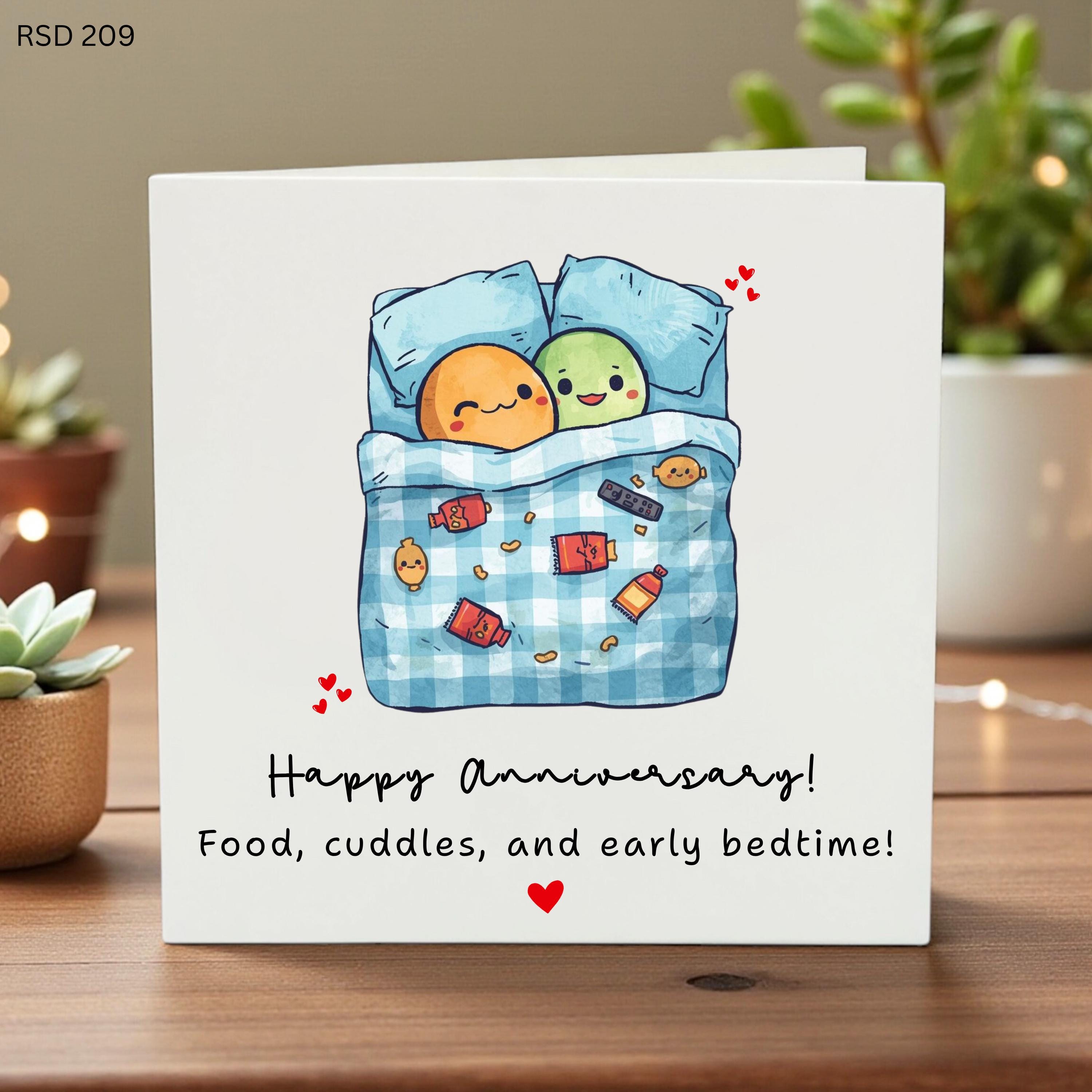 Funny Anniversary Card for Husband or Wife, Food Cuddles and Early Bedtime, Cute Long Term Couple Love Card, Relatable Anniversary Gift