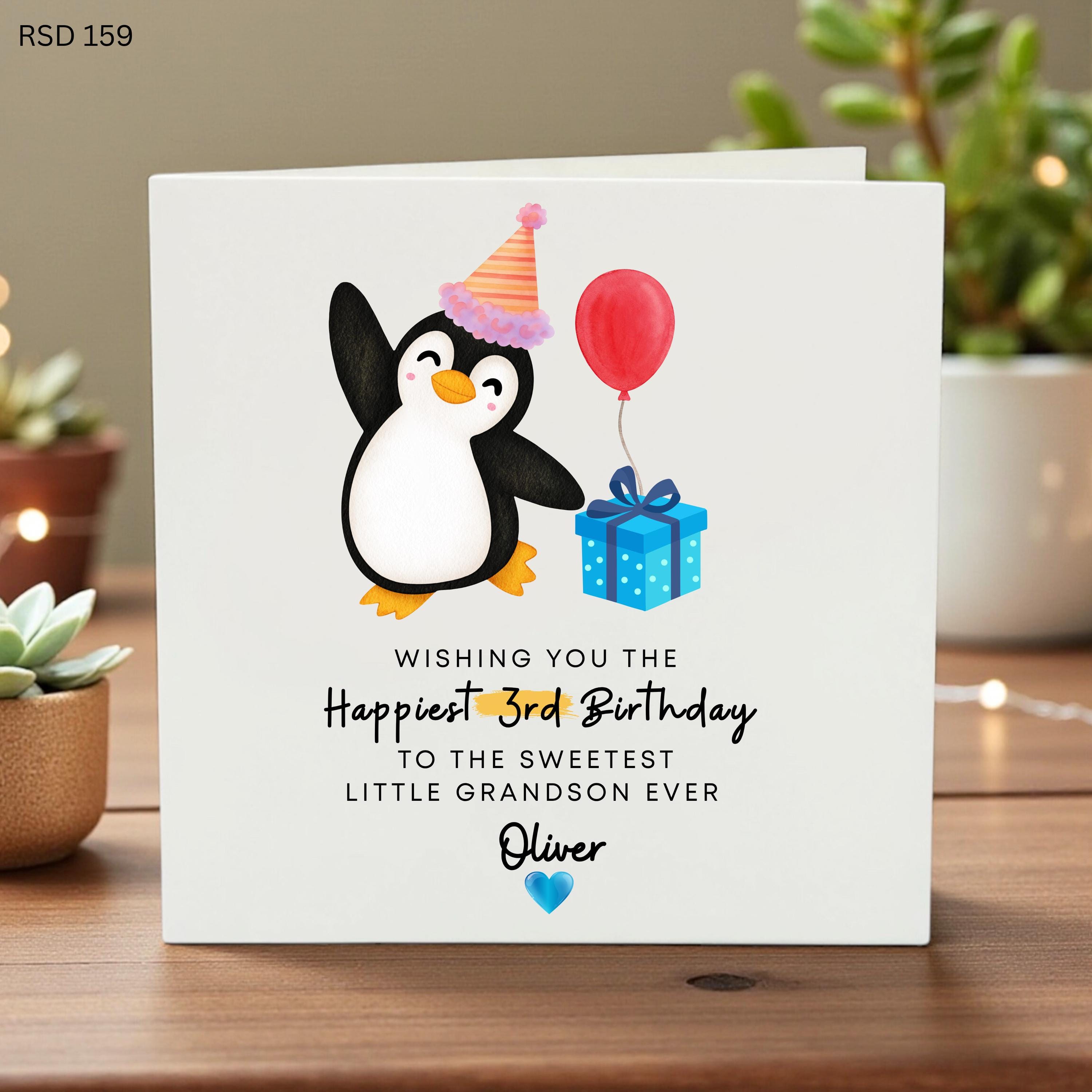 Personalized 3rd Birthday Card for Grandson, Cute Penguin Card for Boys, Fun Birthday Wishes for Kids, Unique Gift Idea