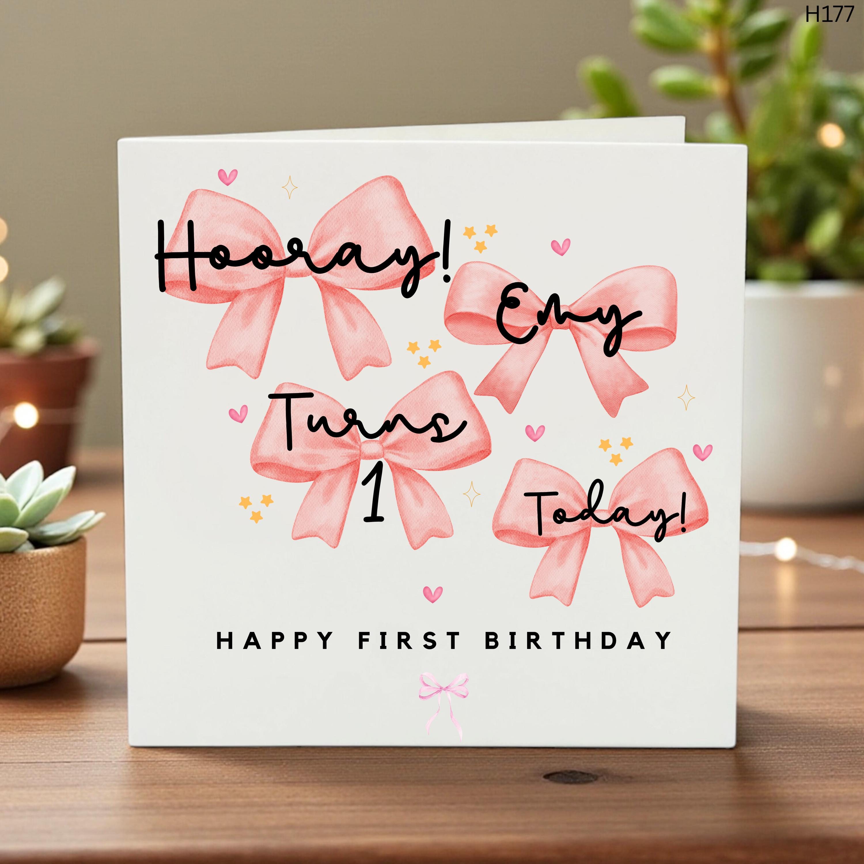 Personalised 1st Birthday Card for Girls, Pink Bows Design, Custom Name, Happy First Birthday Keepsake, Baby Girl Greeting Card