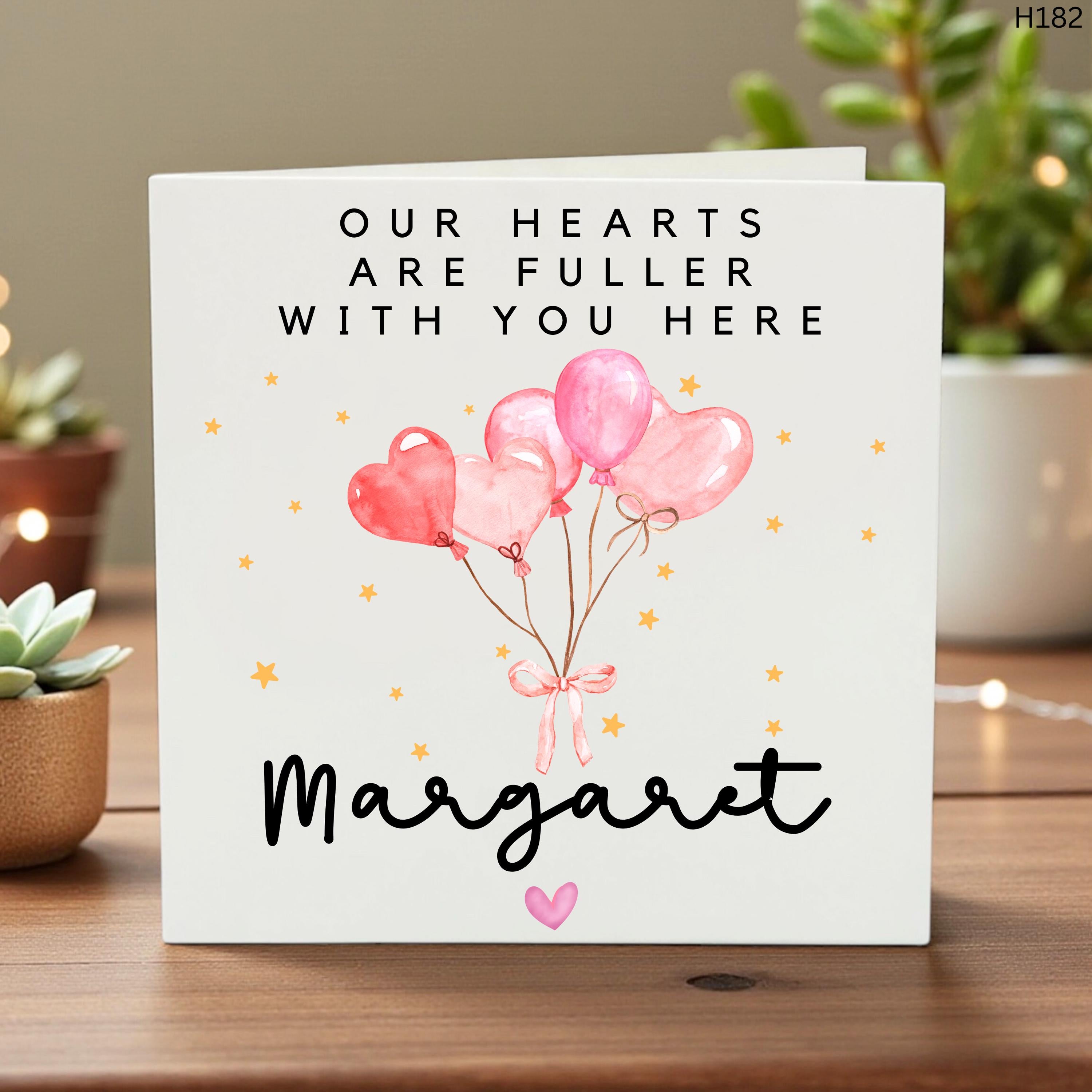 Personalised Baby Arrival Card, Custom Name, Our Hearts Are Fuller With You Here, Pink Balloons Design, Newborn Keepsake Greeting