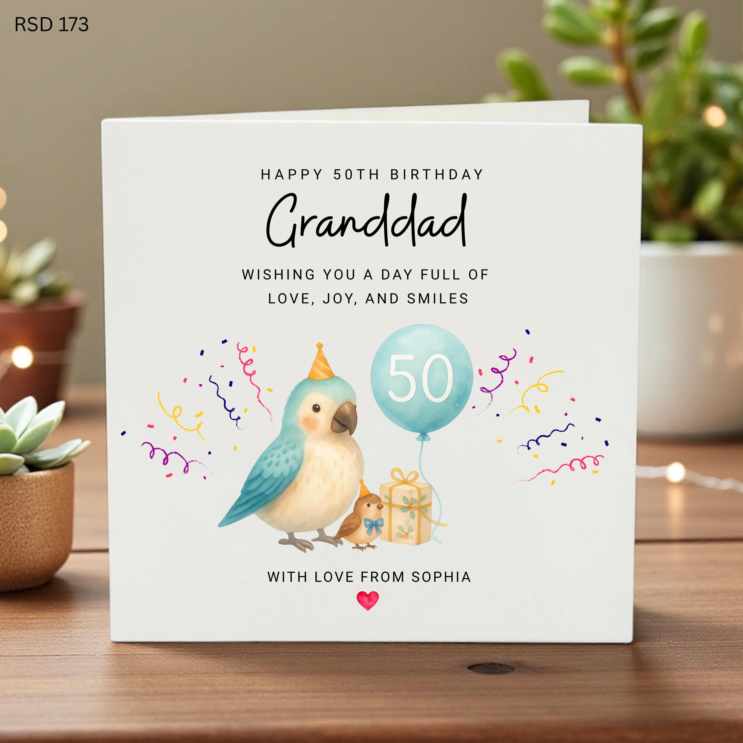 Personalized 50th Birthday Card for Granddad, Custom Name Grandfather Birthday Gift, Cute Bird Illustration Milestone Card, Special Grandpa