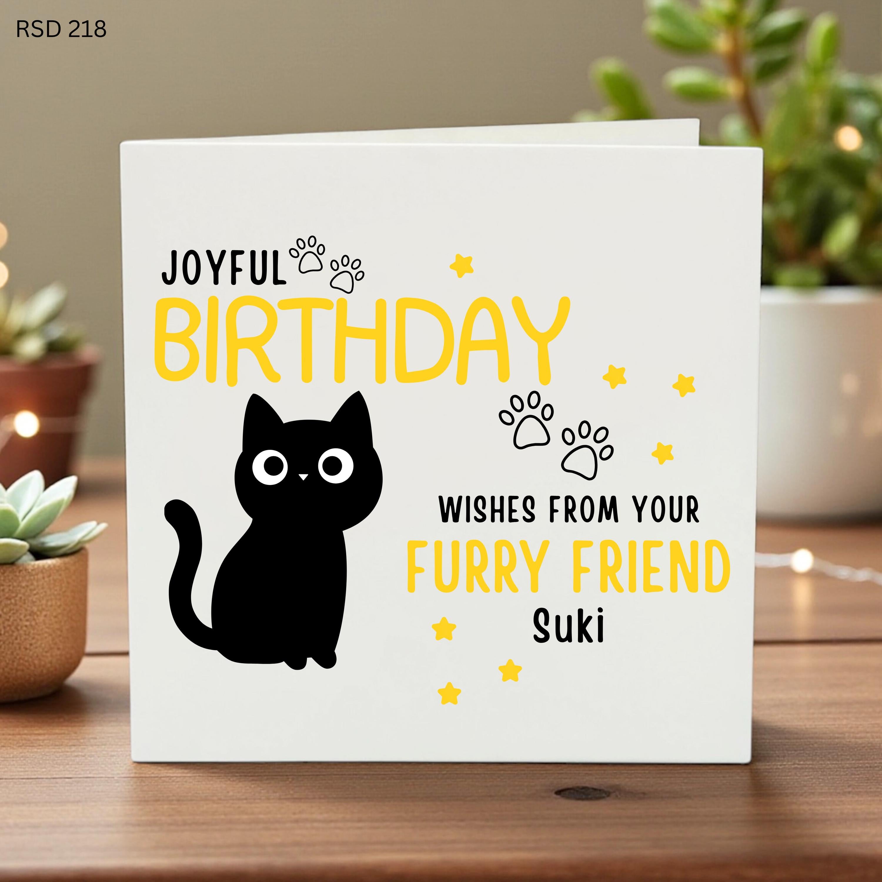 Personalized Cat Birthday Card from the Pet, Custom Name Black Cat Card for Cat Mom or Dad, Joyful Birthday Wishes from Your Furry Friend