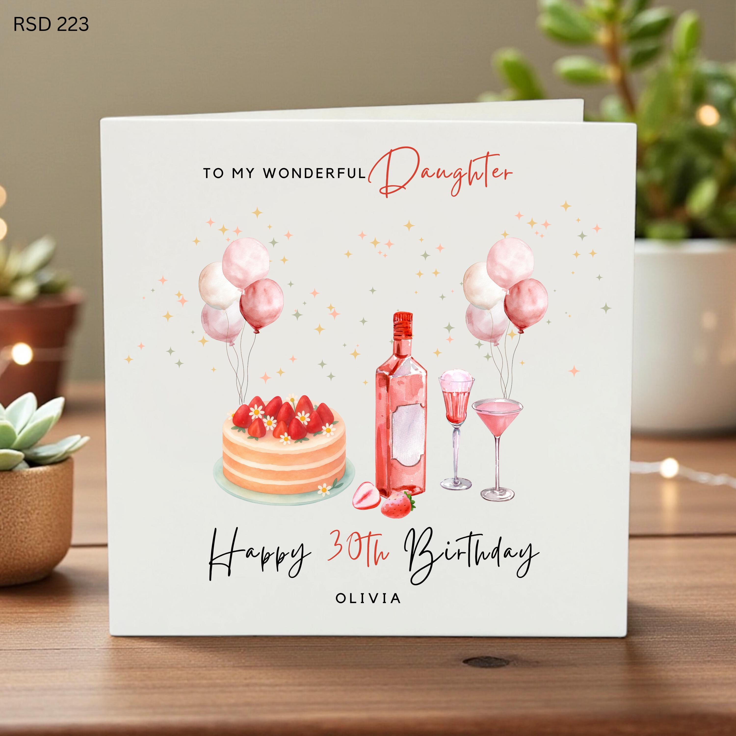 Personalized 30th Birthday Card for Daughter, Custom Name Happy 30th Birthday Olivia, Watercolor Cake and Pink Gin Card for Her, Age 30
