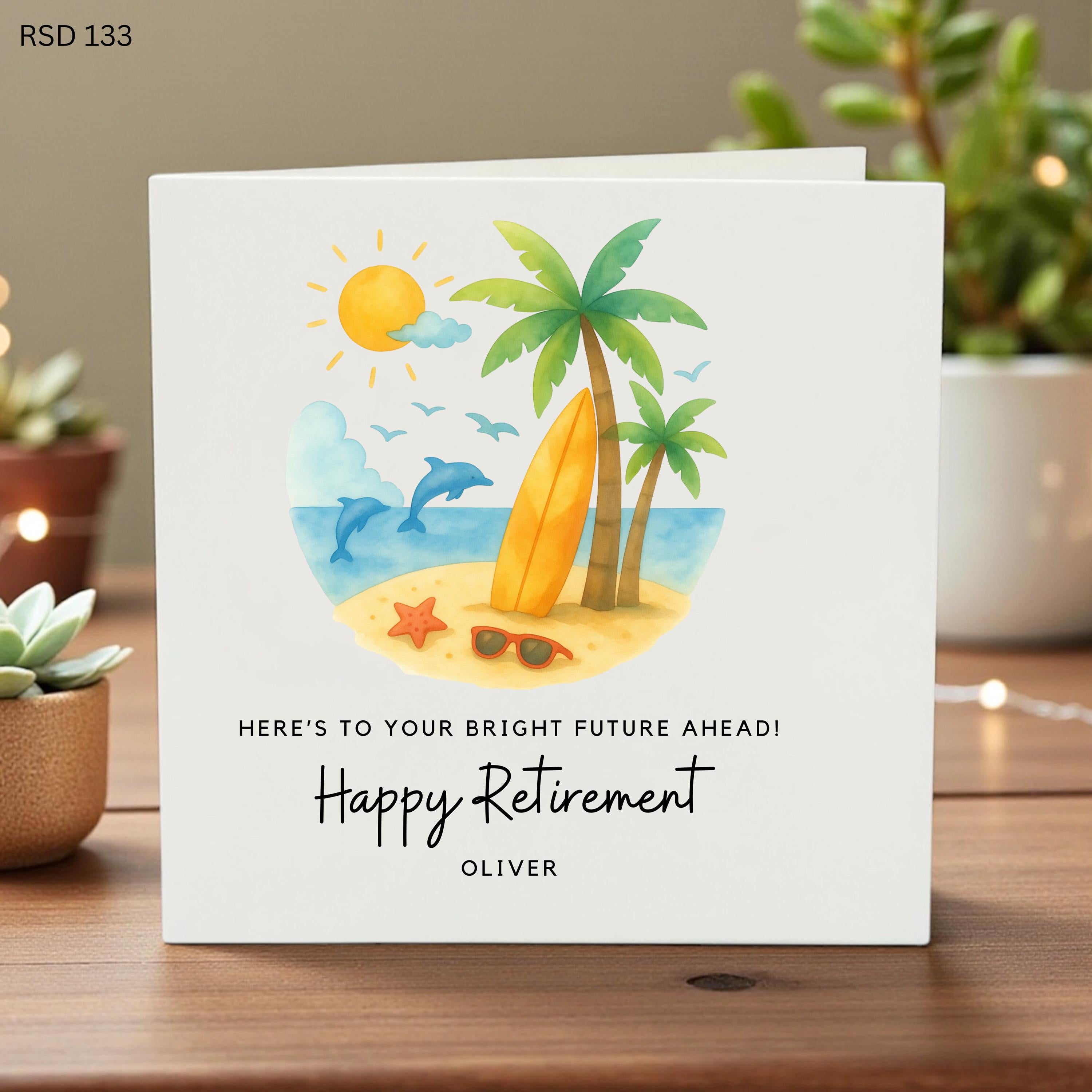 Personalized Happy Retirement Card, Custom Name Beach Theme Retirement Gift for Him, Tropical Leaving Work Card for Coworker Friend Oliver