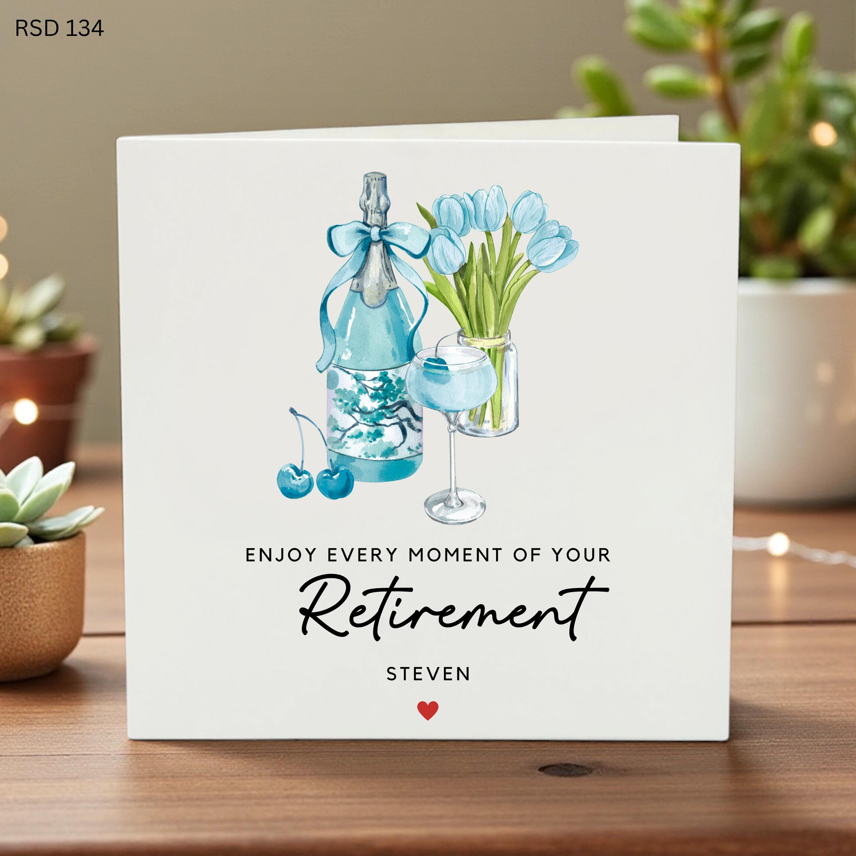 Personalized Happy Retirement Card for Him or Her, Congratulations Custom Name Champagne Card, Leaving Work Gift for Coworker Friend Steven