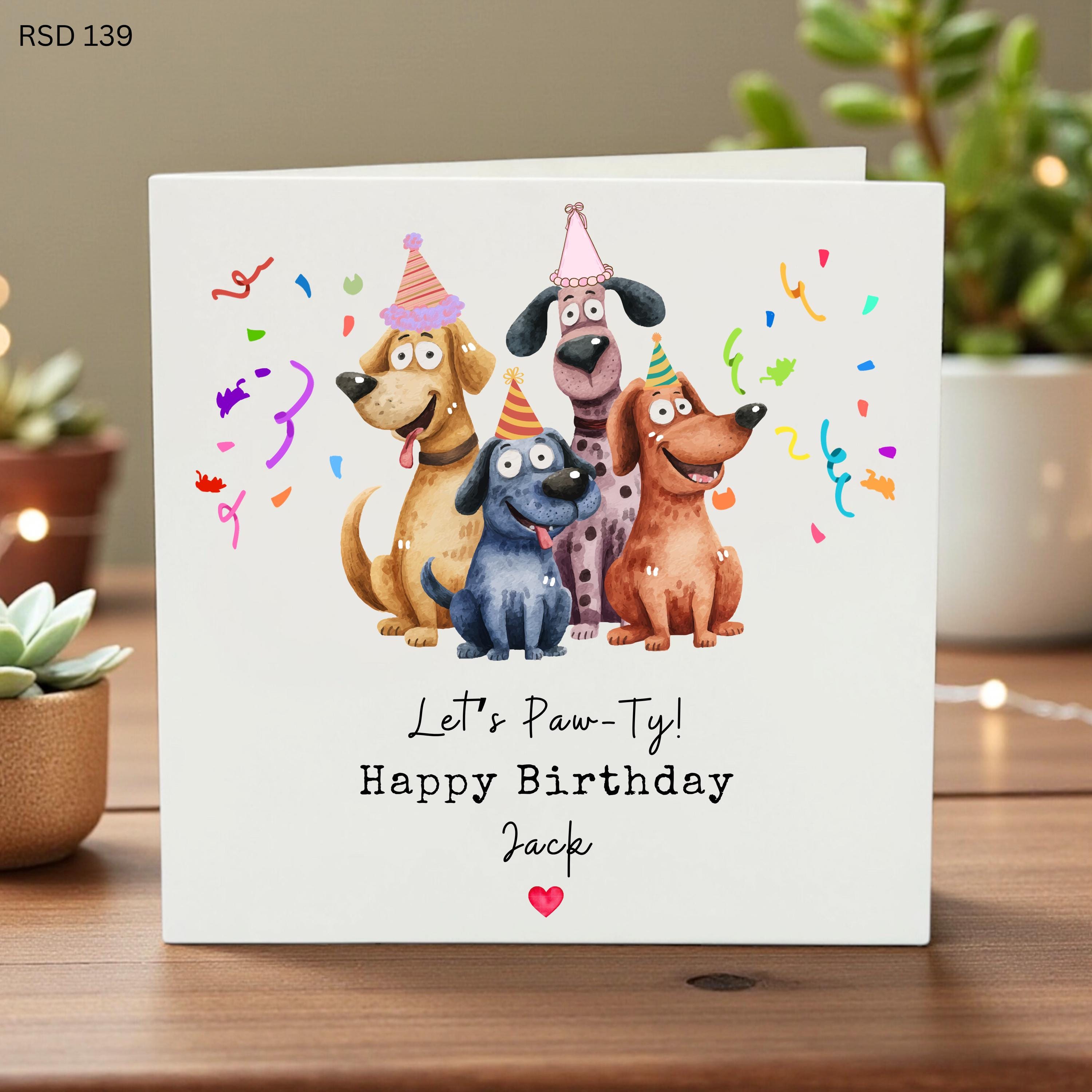 Personalized Lets Paw-ty Birthday Card for Him Her or Kids, Funny Dog Pun Birthday Gift, Custom Name Cute Puppy Illustration Card for Jack