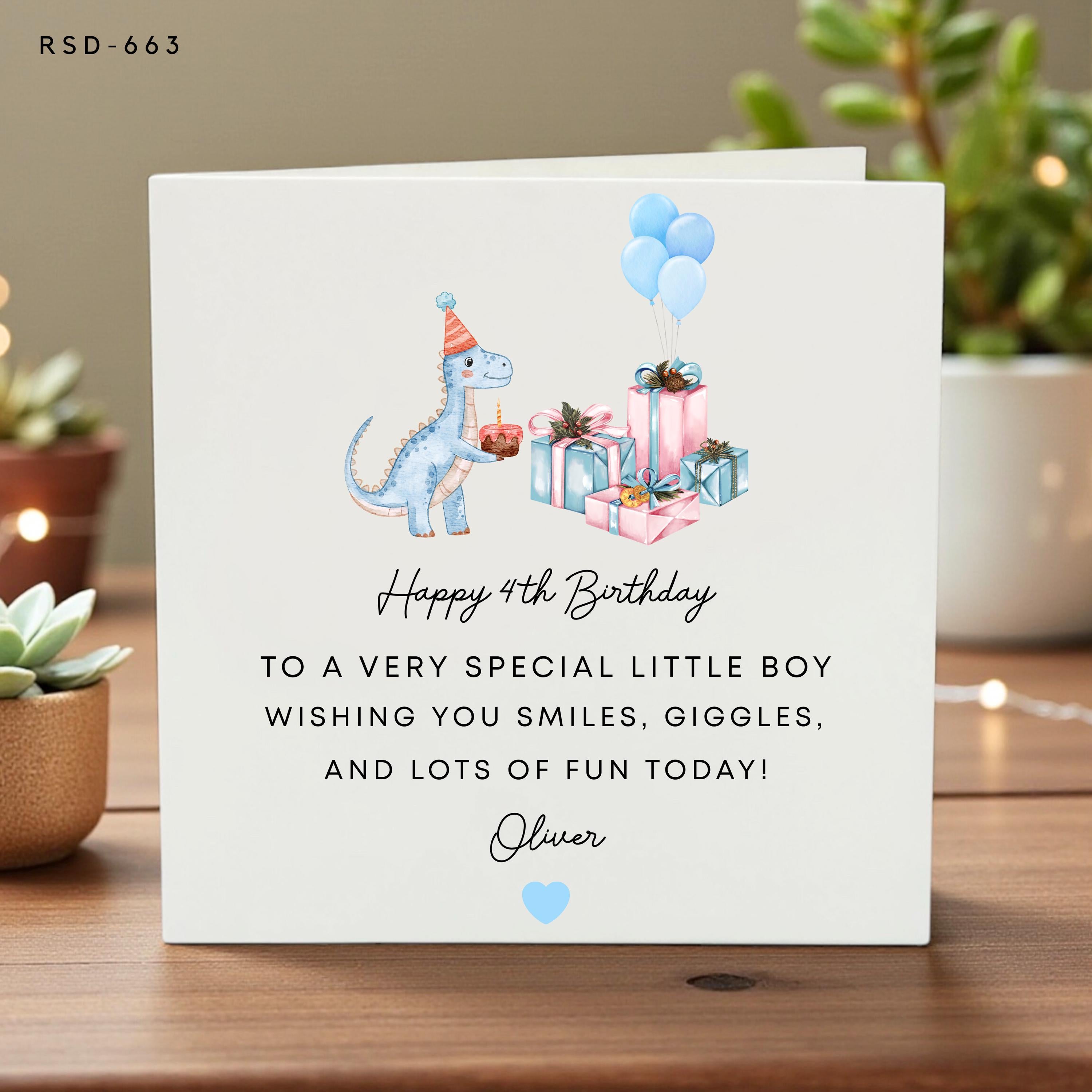 Personalized 4th Birthday Card for Boys, Custom Name Dinosaur Greeting, Fun Keepsake Card, Little Boy Birthday Celebration Gift
