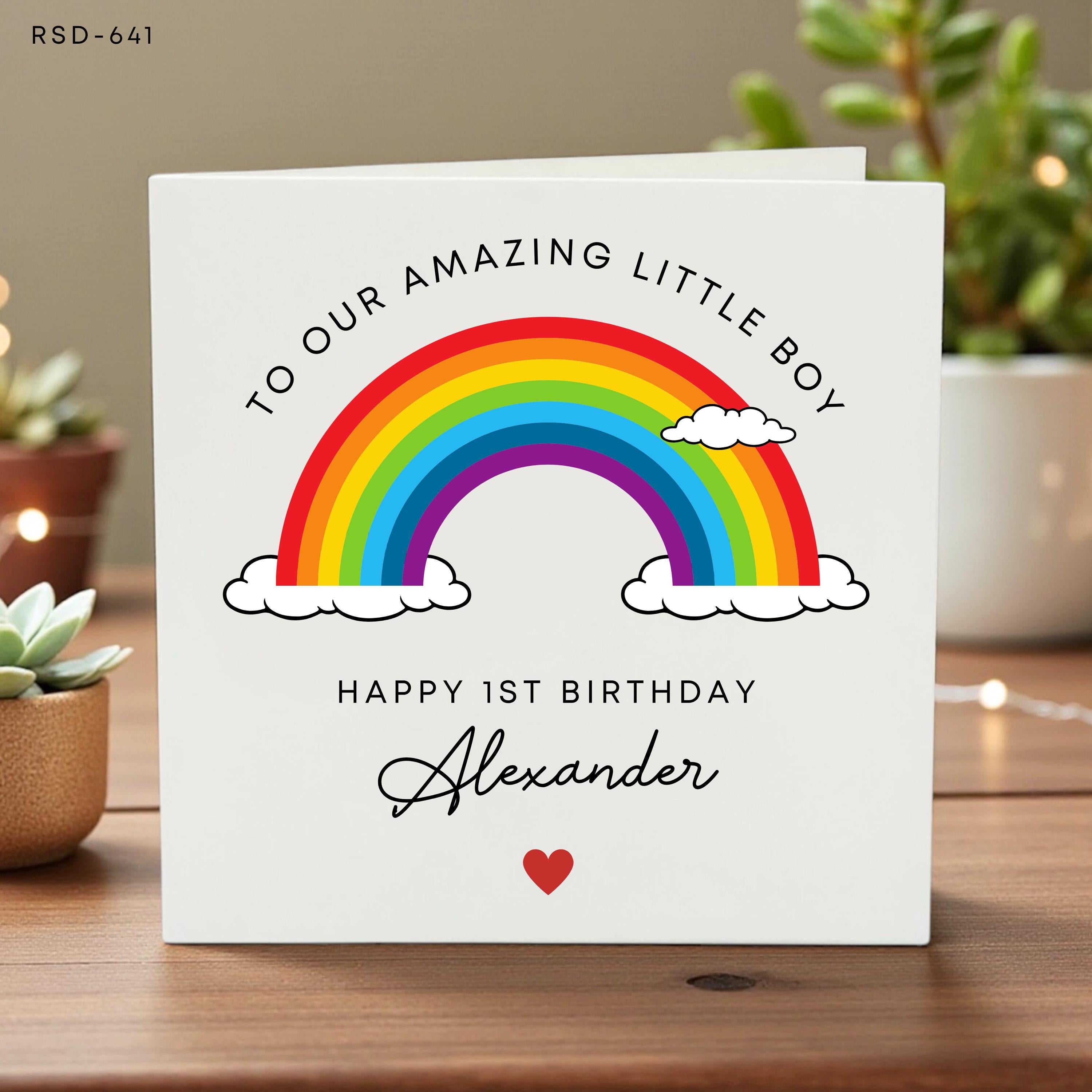 Personalized 1st Birthday Card for Boys, Custom Name Rainbow Greeting, Cute Keepsake Card, Little Boy Birthday Celebration Gift
