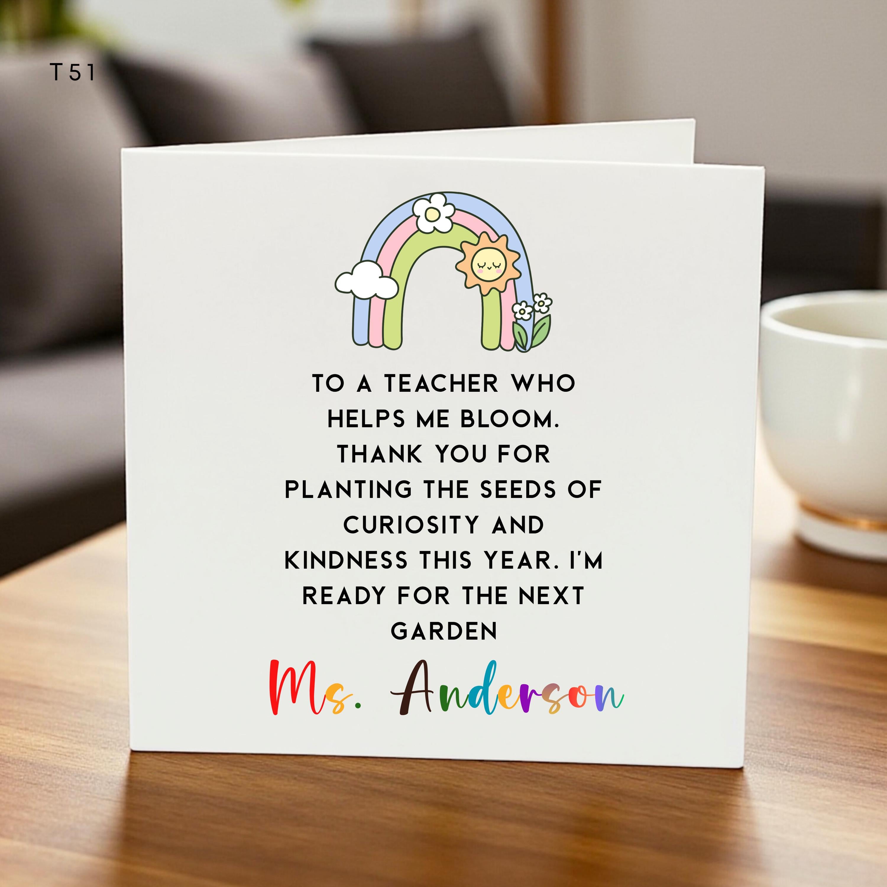 Personalised Teacher Thank You Card Custom Name Blooming Garden Appreciation Gift End Of Year School Card Kindness & Curiosity